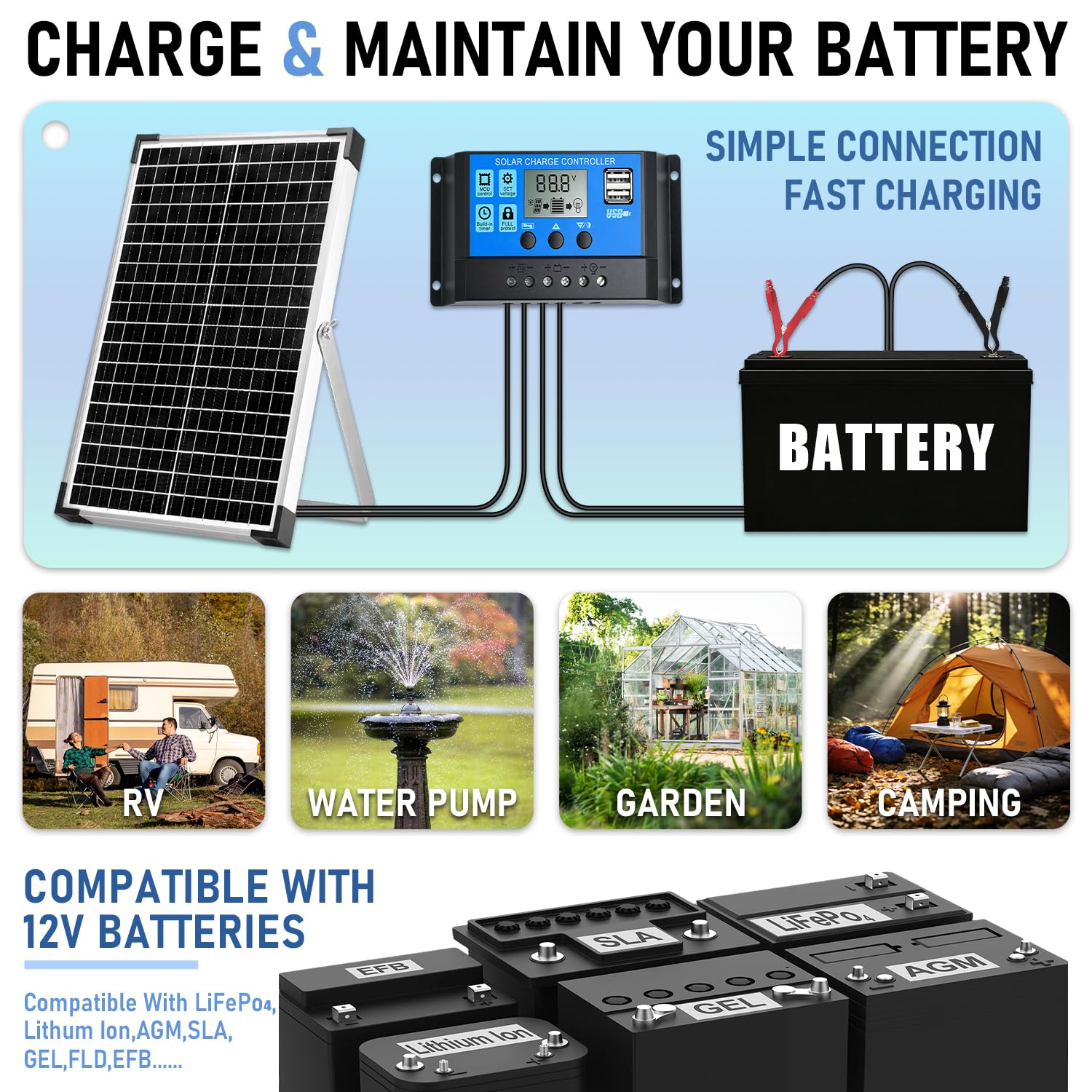 Kit pannello solare da 30 W, manutenzione batteria solare da 12 V + regolatore di carica PWM da 10 A + cavi di prolunga e staffa di montaggio regolabile