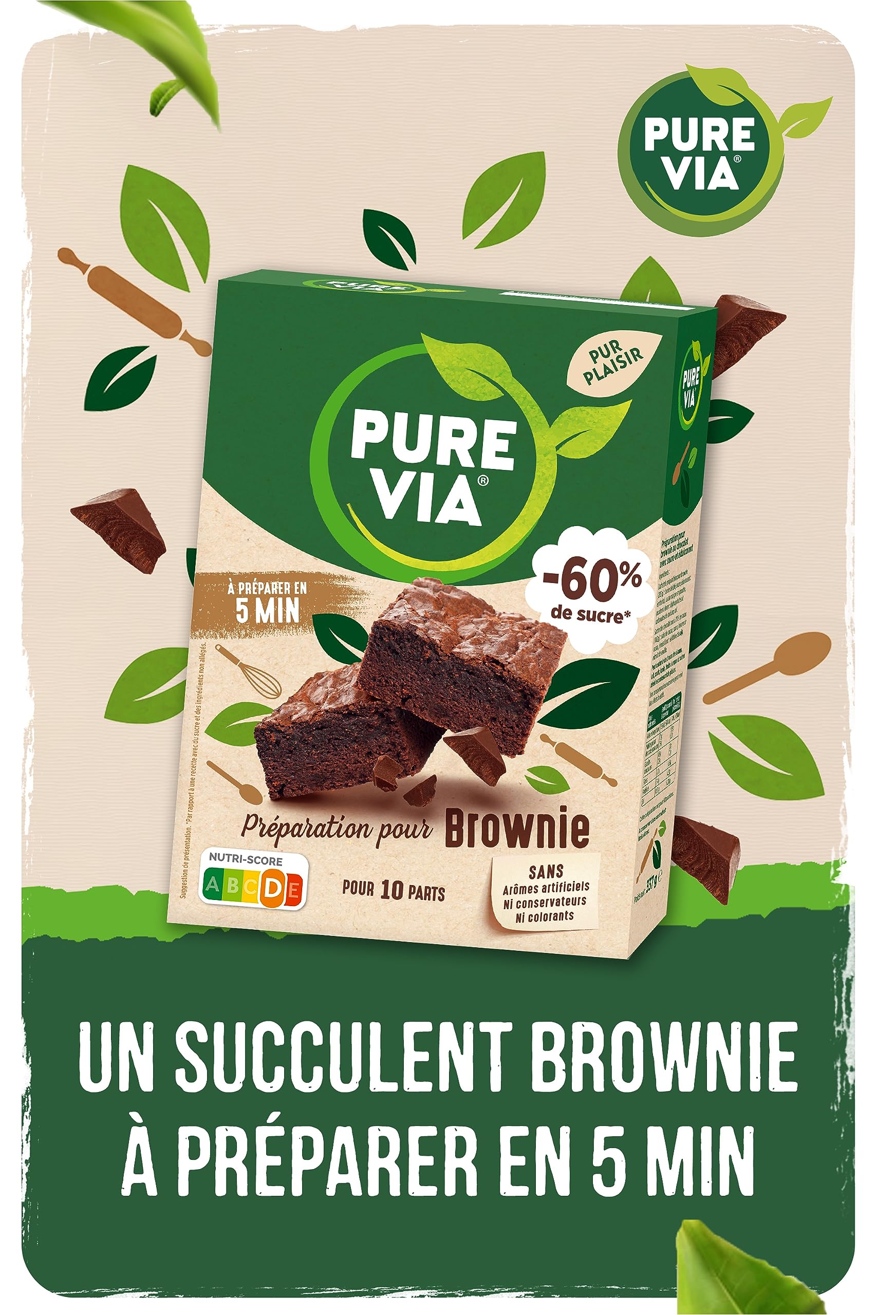 Pure Via - Préparation pour Brownie - Moins 60% de sucre - 337g