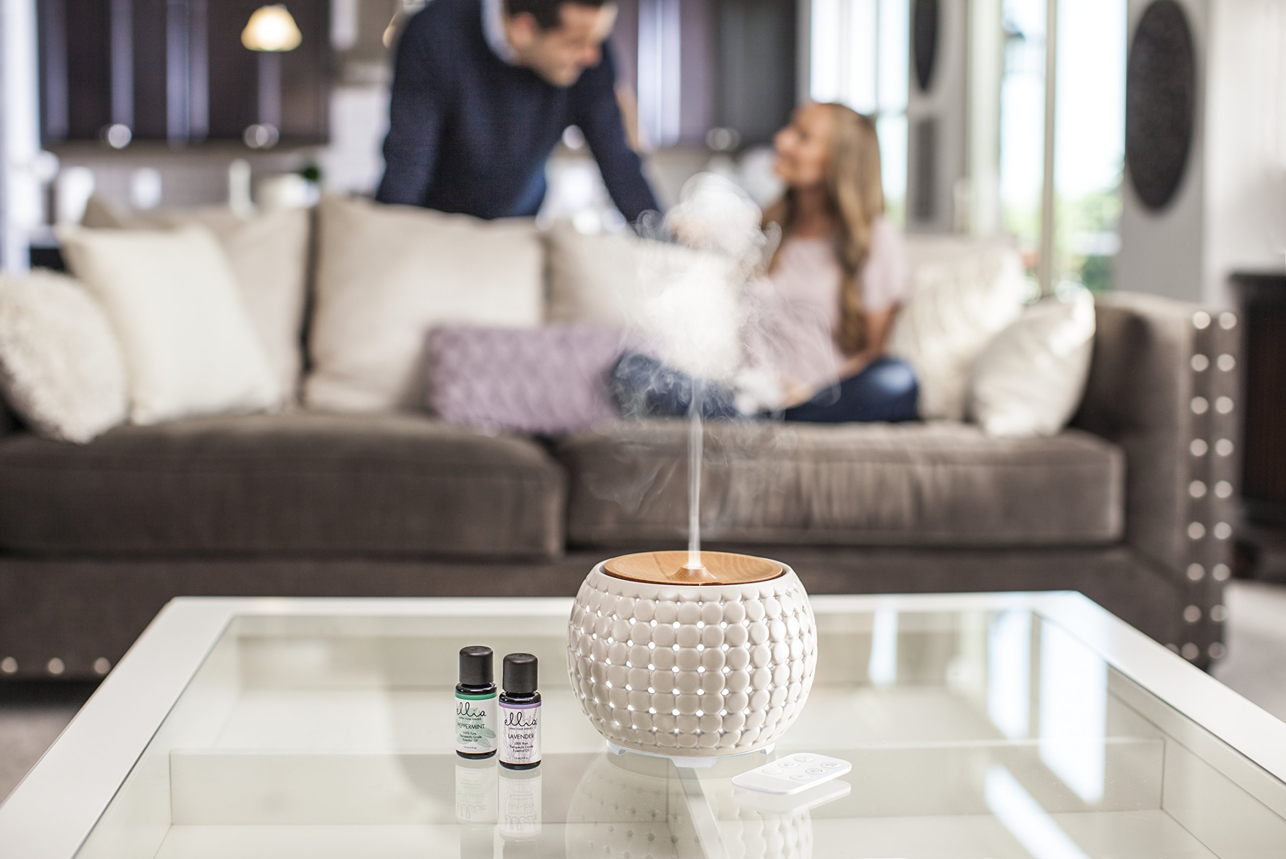 Homedics Ellia, Diffusore di Aromi e Oli Essenziali ad Ultrasuoni, Profumatore per Ambienti in Ceramica e Legno, Umidificatore Ambiente, Diffusore Ambiente con Luci Ambientali, Crema