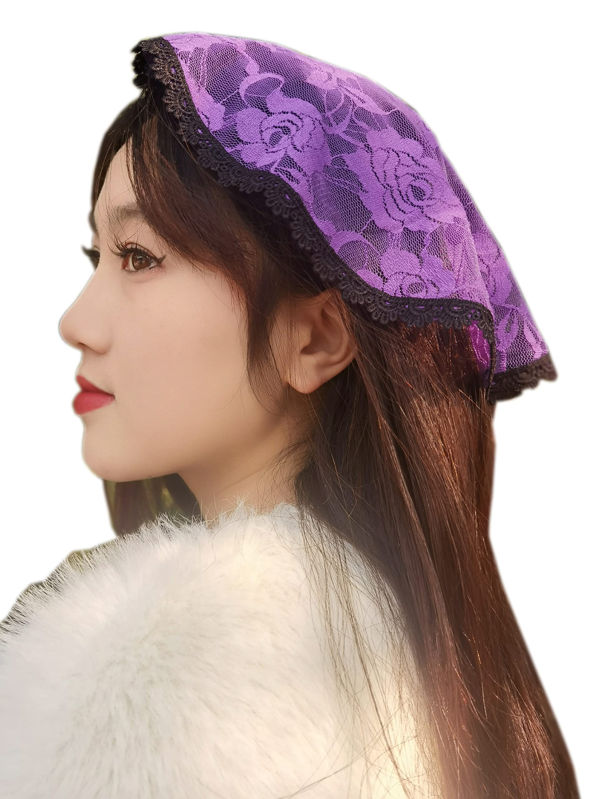 Chapel Cap Veil Lace Headcovering for Women Church Mantilla Veil S100, Purple, One size