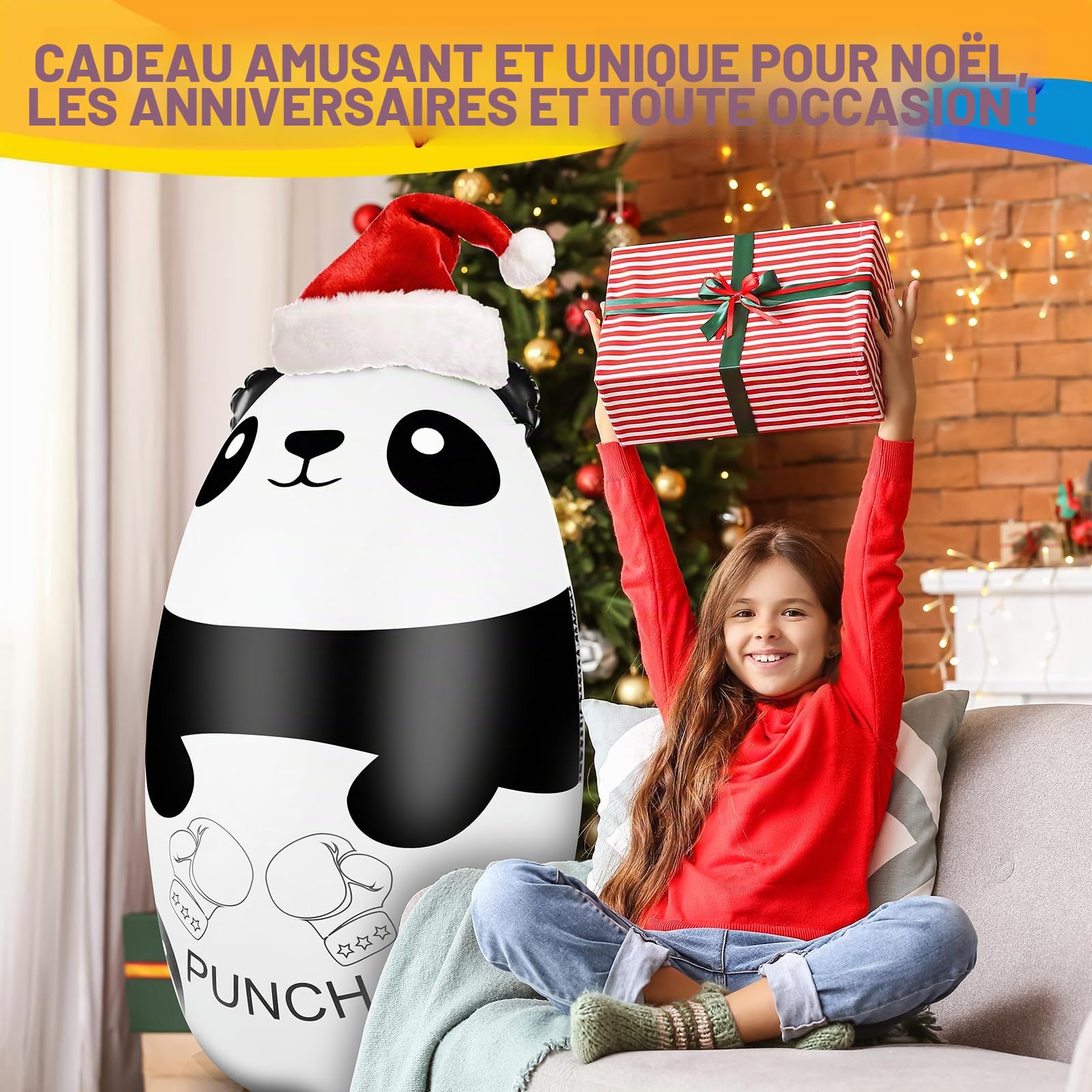 Sac de Boxe Enfant avec Gants de Boxe 120cm Lumineux Panda Gonflable Sac de Frappe avec Gants D'entraînement Jouet pour Enfants 3-9 Cadeau pour Garçons Filles(3xAAA Piles Non Incluses)