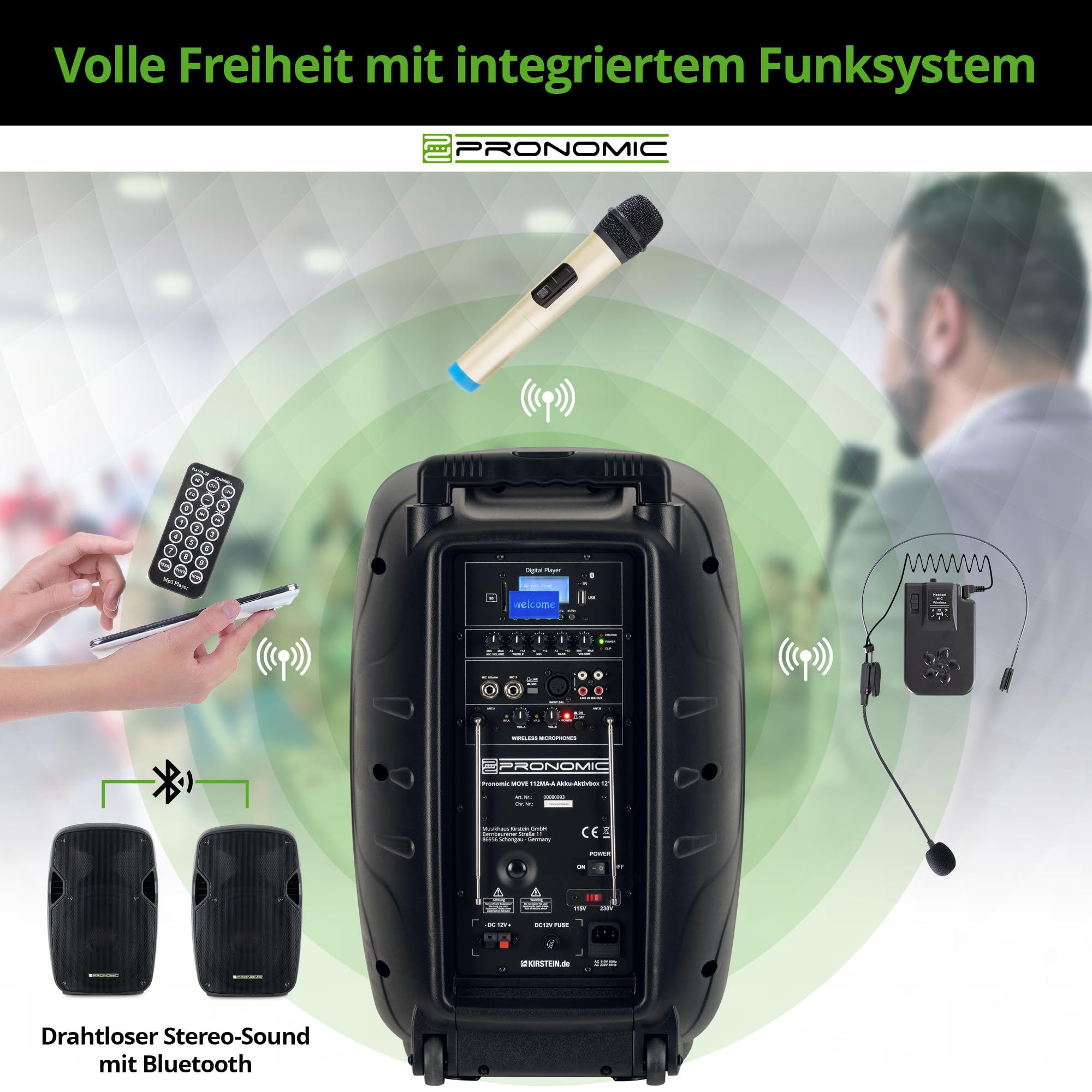 Pronomic Move 12" Partybox 2X Set - Mobile PA-Anlage Bluetooth Lautsprecher TWS - Musikbox mit leistungsstarkem Akku - Leistung 30W (RMS) - Inkl. Aktivbox, Funkmikrofon, Headset & Fernbedienung