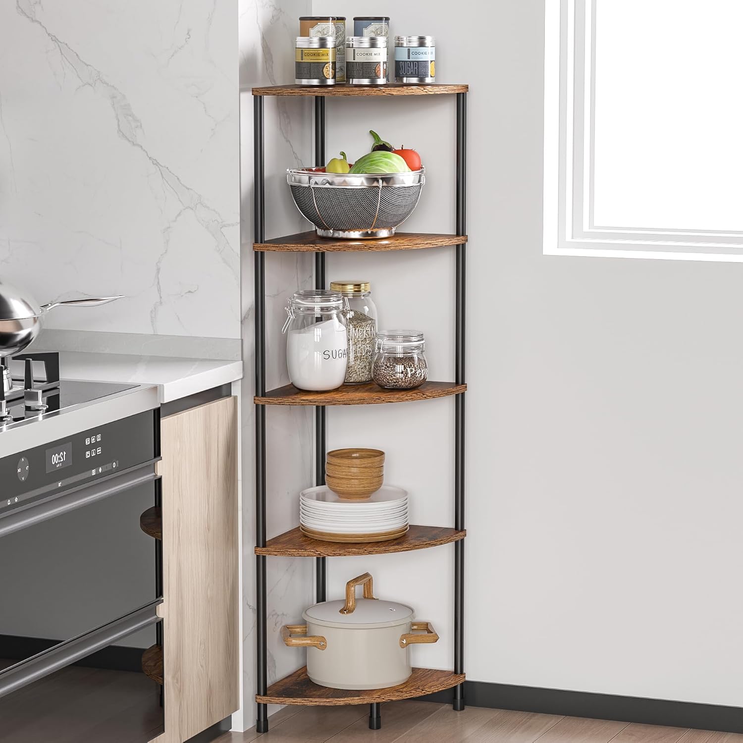 Corner Plant Stand Shelf, 5 Tier Tall Shelf Plant Stand for Indoor Plants, Rustic Brown Corner Bookshelf Wall Decor Living Room, 44.1" Display Shelf for Bedroom, Bathroom, Small Space