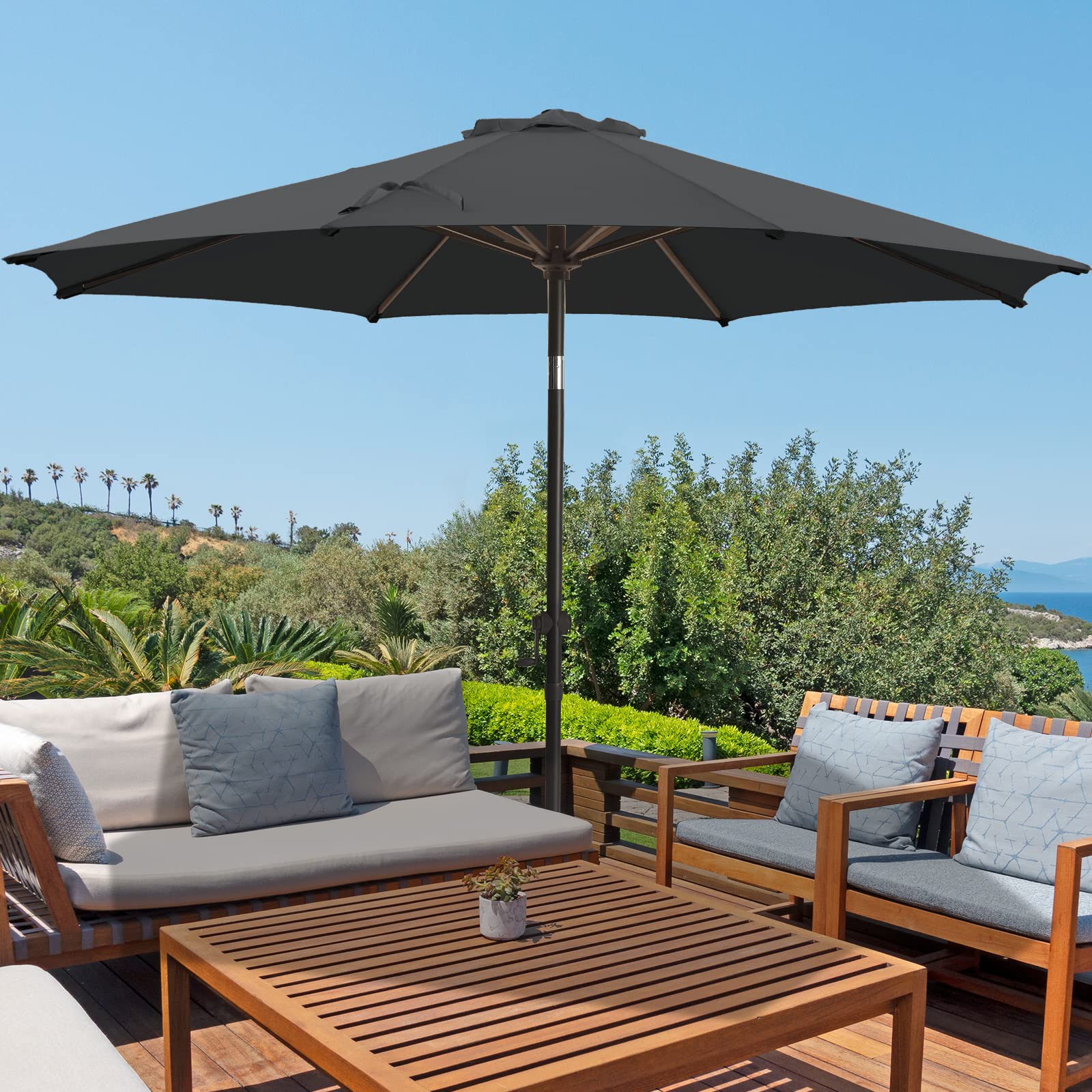 wikiwiki 10 FT Patio Umbrellas Outdoor Table Market Umbrella with Push Button Tilt/Crank,8 Sturdy Ribs, Fade Resistant Waterproof POLYESTER DTY Canopy for Garden, Lawn, Deck, Backyard & Pool