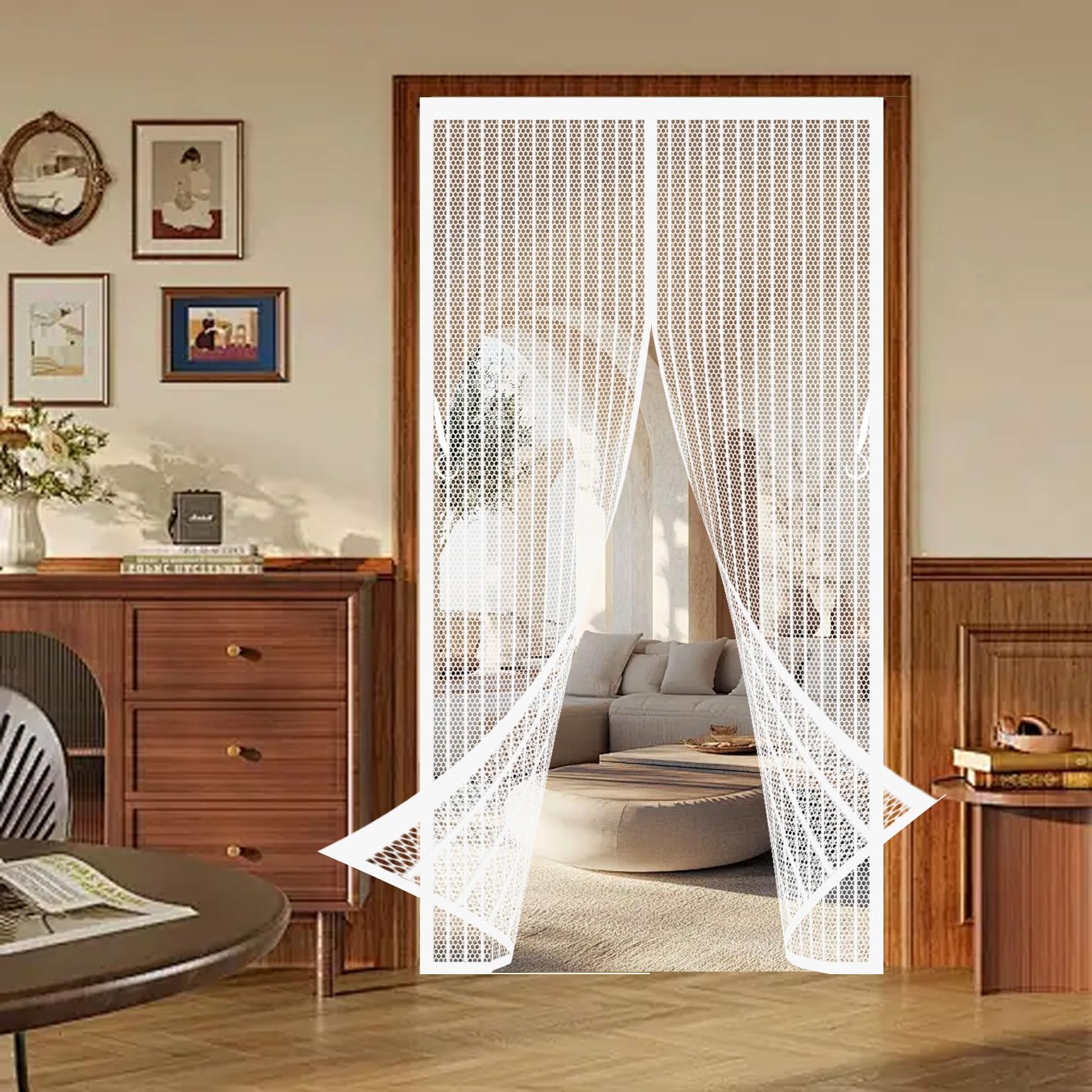 Magnetic Fly Screen Door 88 x 176 cm with Magnets, Magic Tapes, Polyester Magnetic Door Curtain No Drill Installation, Keep Bugs Out for Living Garage Doors, White