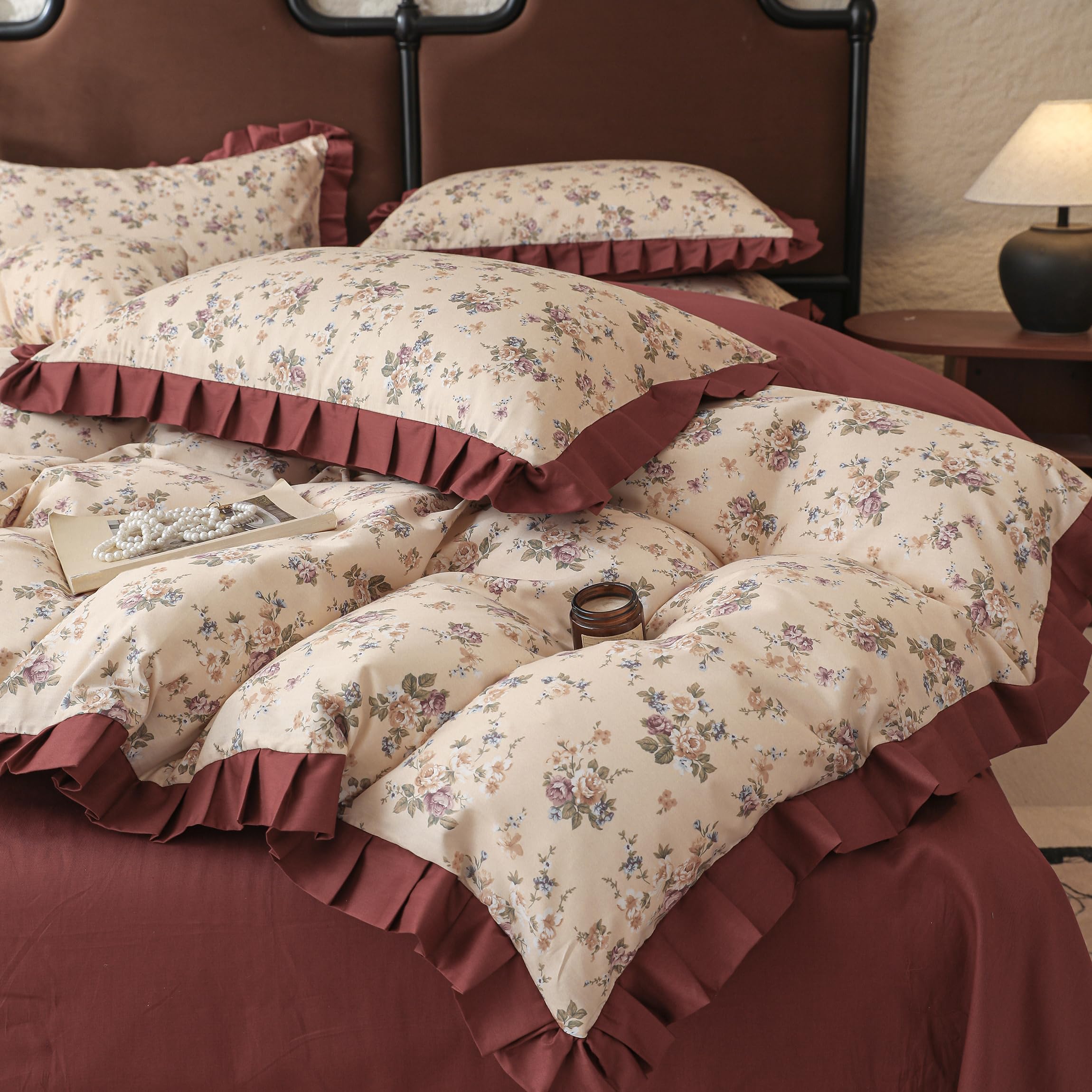 Elegant Blumen Bettwäsche 135x200 Baumwolle Bettbezug Blumenmuster Weinrot Rüschen Bettwäsche für Mädchen Damen Blumen Bettbezug mit Rüschen Deckenbezug mit 1 Kissenbezug 80x80