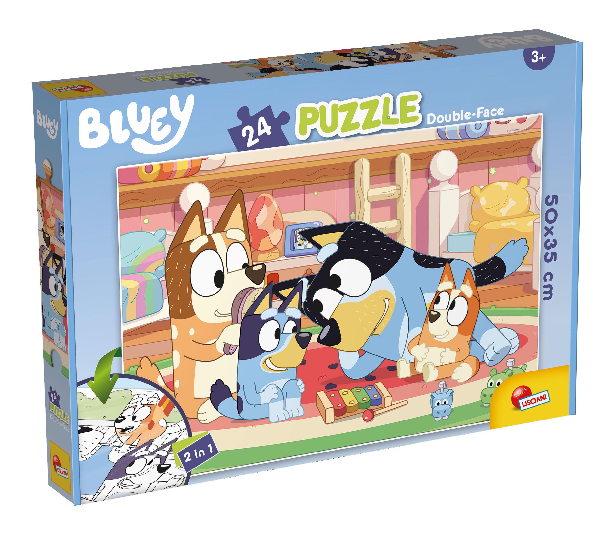 Lisciani - Puzzle Bluey - 24 Pieces for Children 3+ - Double-Sided Puzzle to Color - Size 50 x 35 cm - Bluey Dog - Develops Fine Motor Skills, Concentration and Observation