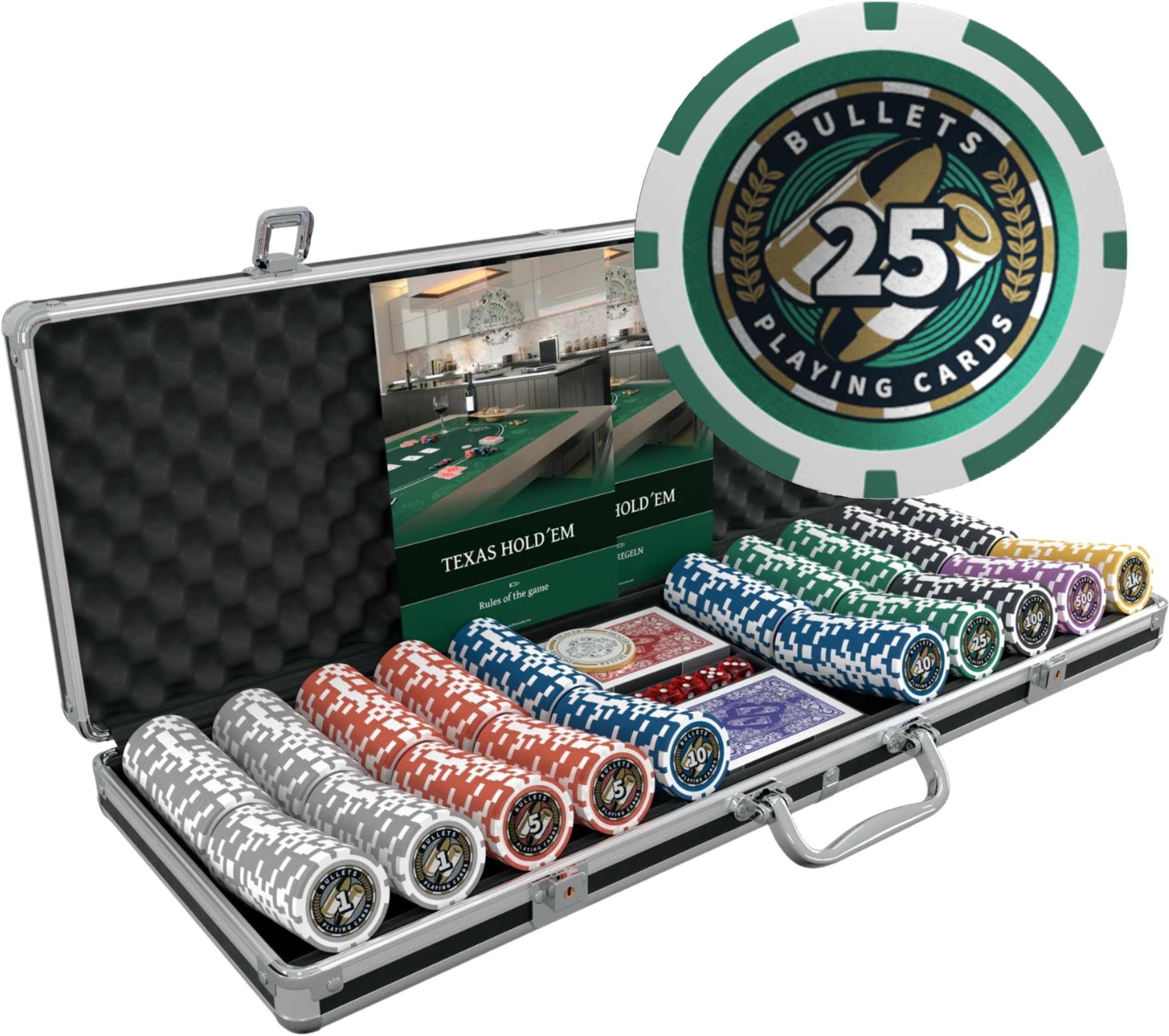 Poker Set with 500 'Christopher' Plastic Chips, Professional Set for Texas Holdem Poker, Blackjack and other Casino Games, Five Dices, Playing Cards, Travel Case