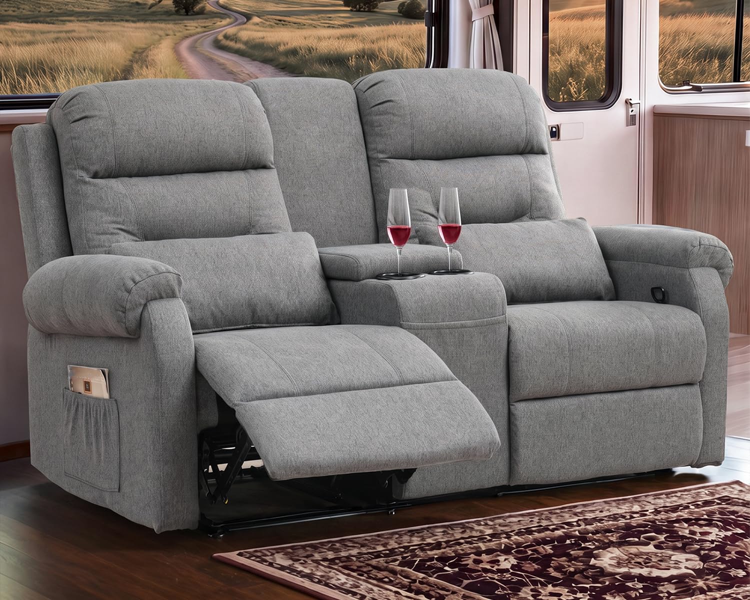 RV Loveseat Recliner, Manual Reclining Loveseat with Center Console, 2-Seater RV Recliner Sofa with Cup Holders, Reclining Couch for RV, Camper &amp; Living Room