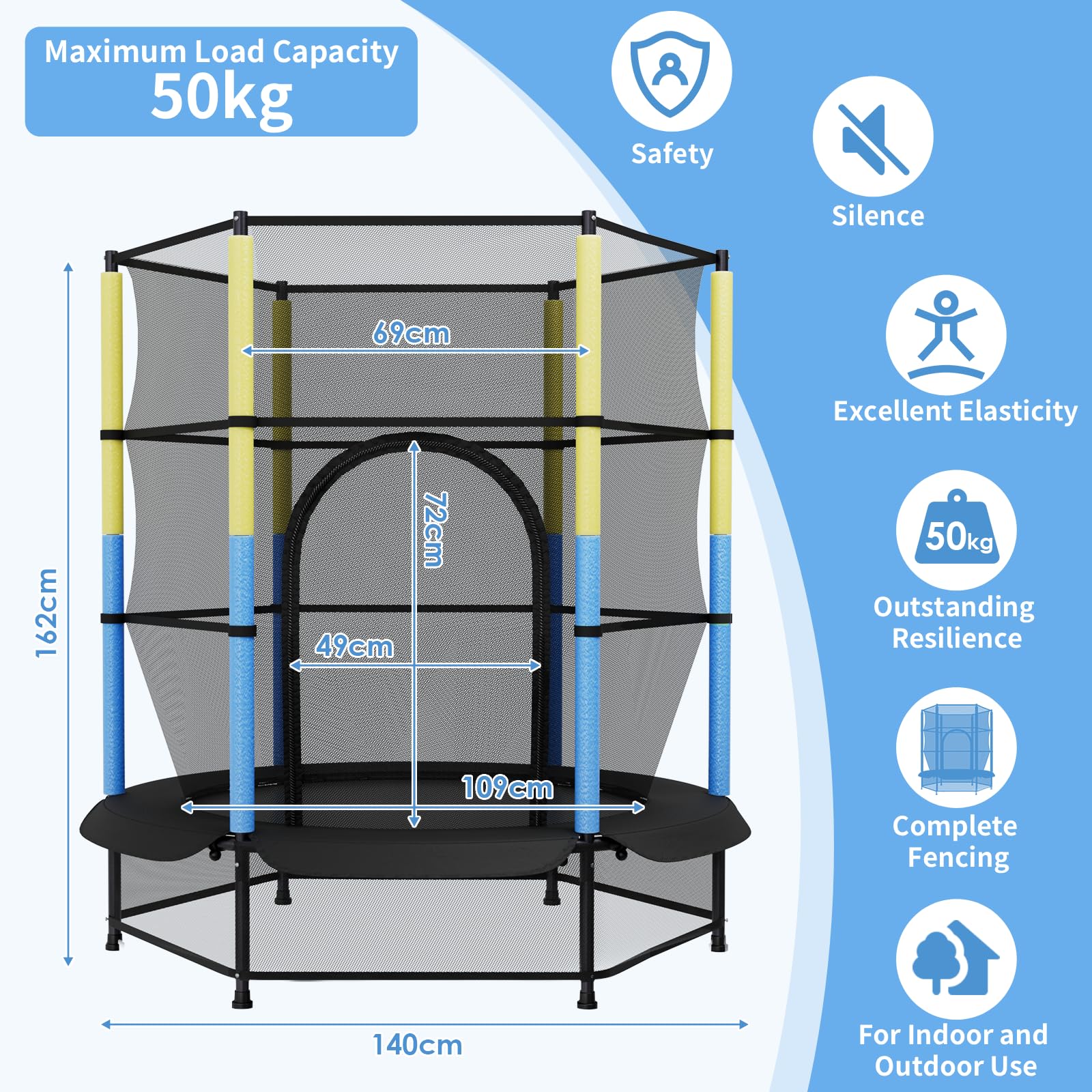 LIFERUN Trampoline pour Enfants, Trampoline Exterieur Ø140 cm, Trampoline d'intérieur avec Filet de sécurité, Trampoline de Jardin pour entraînement et Loisir, Max 50 kg, Enfants