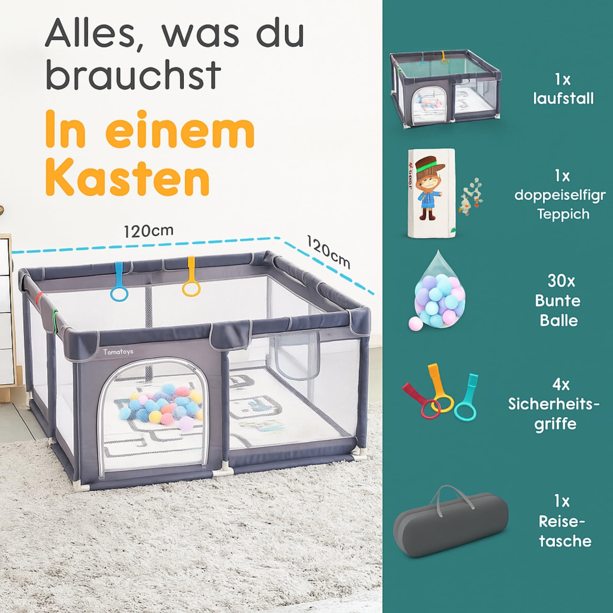Laufstall für Babys mit Matratze, Bällebad (inkl. 50 Bällen) und 4 Haltegriffen. Laufgitter 124x124 cm mit atmungsaktivem Netz, 210D Oxford-Gewebe. Kinderlaufstall, dunkelgrau.