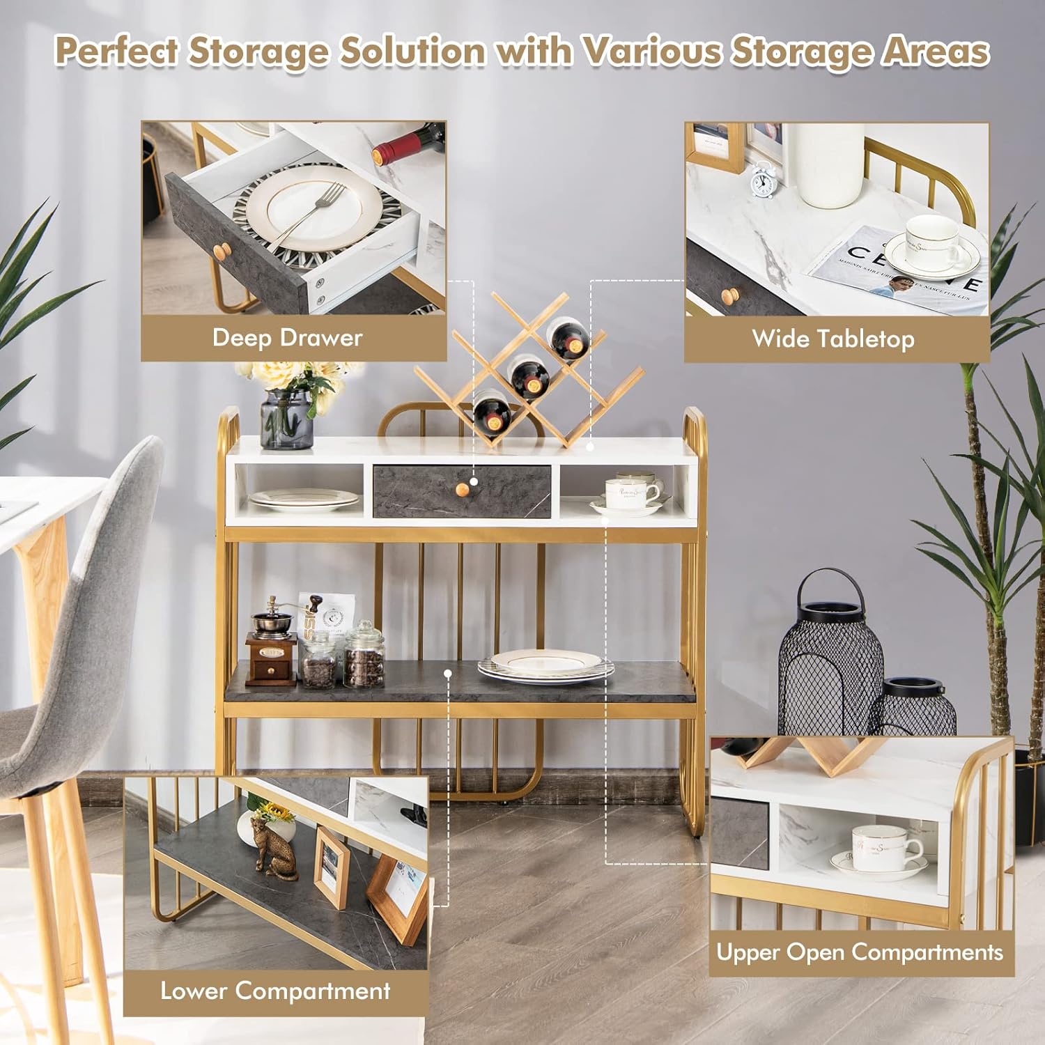 Giantex Console Table for Entryway, Sofa Table with Drawer, Storage Shelf, Metal Frame, Narrow Long Sofa Side Tables for Living Room, Dining Room, Kitchen, Faux Marble Entryway Table (Gold)