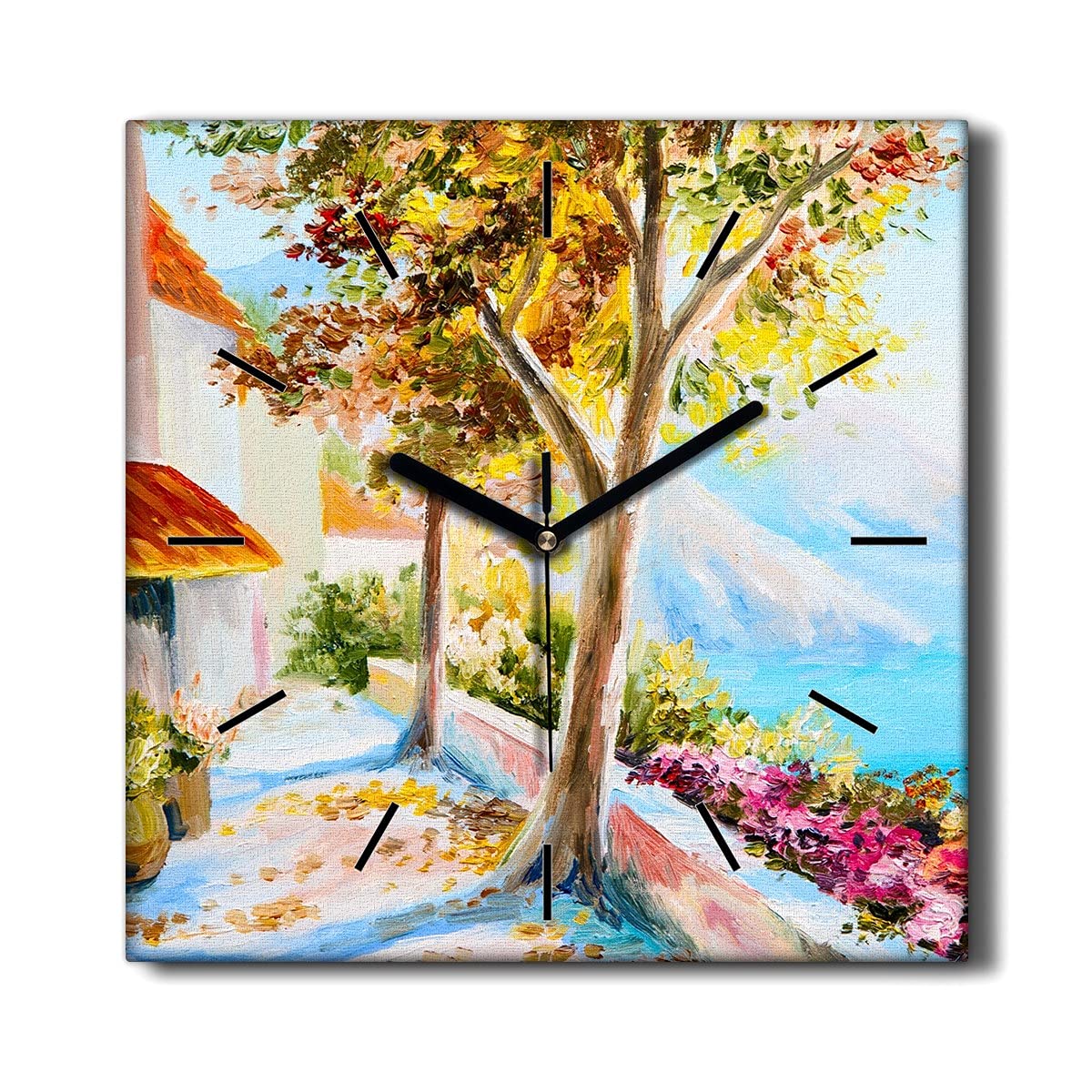 Horloge sur Toile 30x30cm Arbres Mer Ciel Silencieuse pour Salon