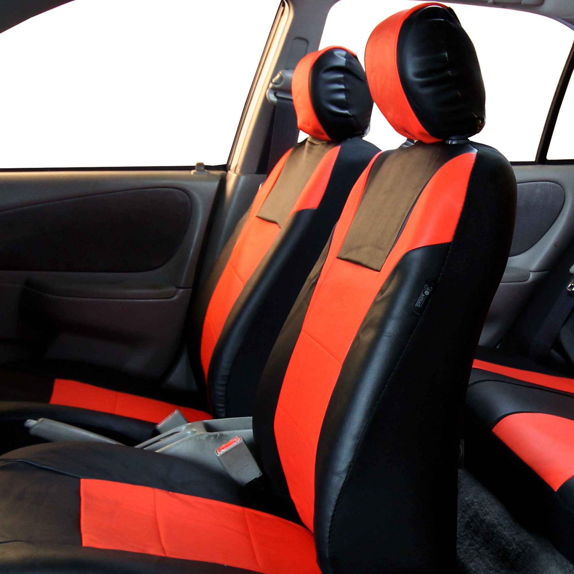 FH Group Automotive Seat Cover Racing PU Leather Tangerine Full Set Car Accessories, Airbag Compatible and Split Bench Tan Car Seat Covers Interior Accessories Universal Fit for Cars Trucks SUV