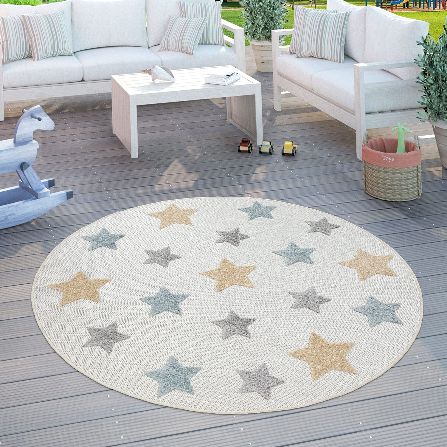 Paco Home Alfombra Infantil Juegos Cuarto Redonda Chicos Chicas 3D con Estrellas Beige, tamaño:Ø 120 cm Redondo