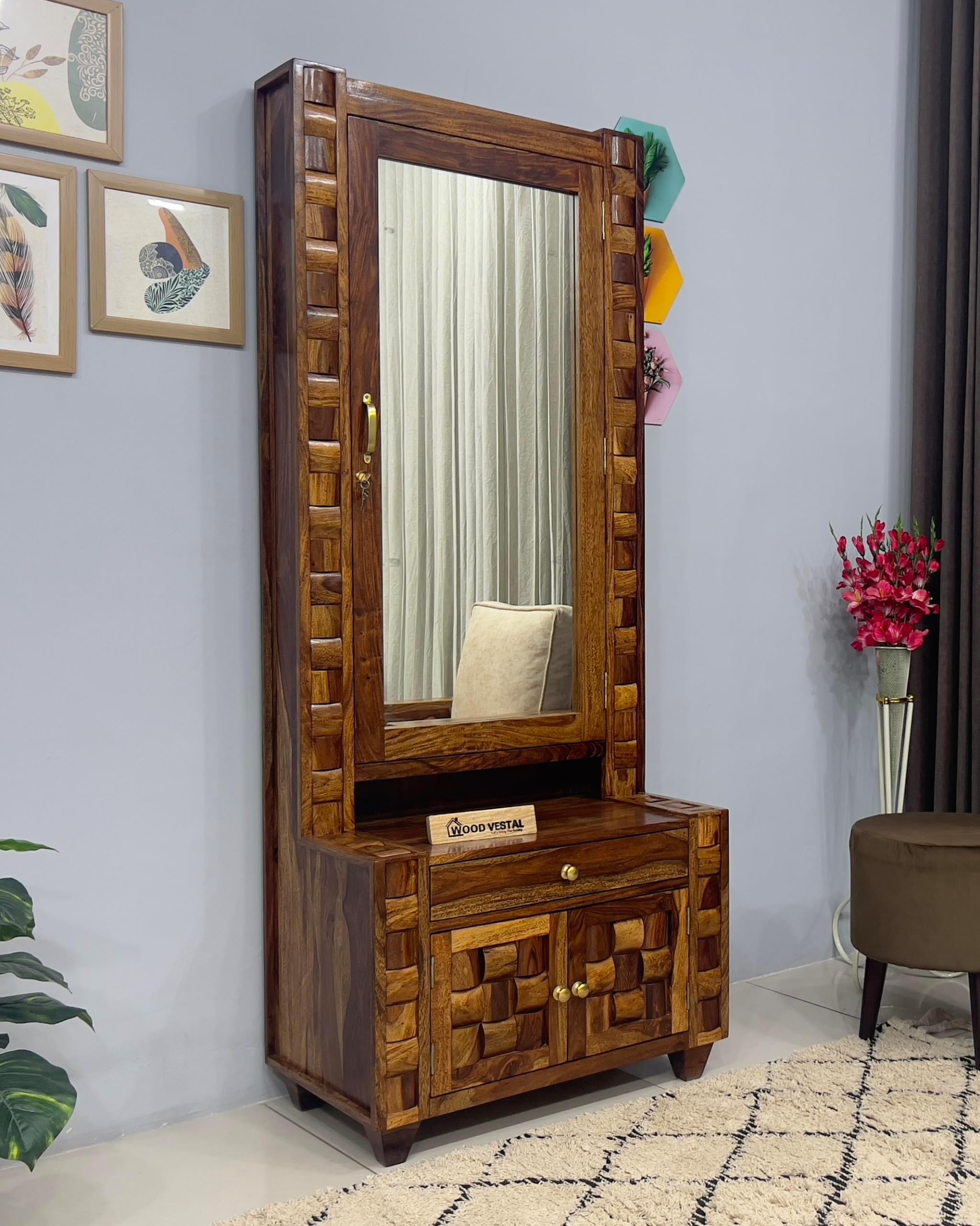 Woodvestal Sheesham Wood Dressing Table - Wooden Niwars Design | Wooden Dressing Table | Sheesham Wood | Bedroom Furniture, Brown