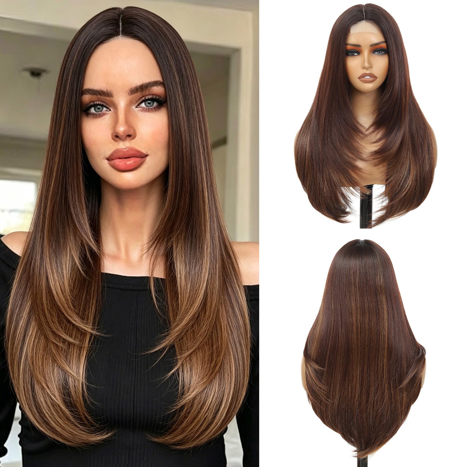 Photo 1 of VOZIFAXIU Brown Highlight Wigs for Women 26 Inch Long Layered Wig Middle Part Brown Mix Blonde Wig Synthetic Heat Resistant Wig for Daily Party Use