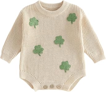 Baby Girl Boy St Patricks Day Outfit Cute Long Sleeve Shamrock Embroidery Sweater Romper Infant Spring Clothes