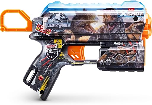 XSHOT Skins Flux Blaster - Jurassic World Skins (2PK) by ZURU Jurrasic World Skin Design with 16 Darts, Easy Reload, Air Pocket Dart Technology, Toy Foam Blaster for Kids, Teens and Adults