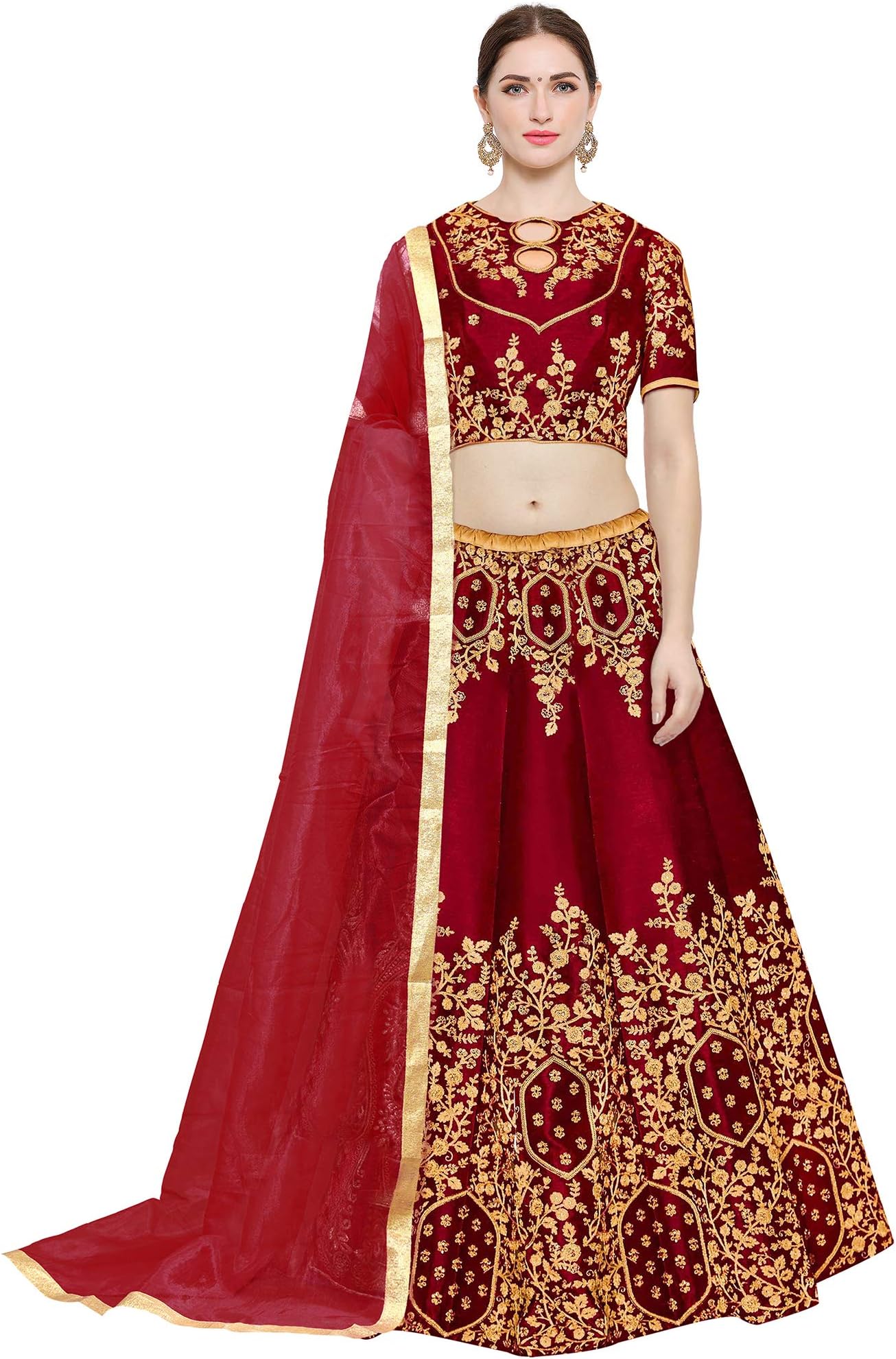 KEDARFAB Women's Silk Semi stitched Lehenga Choli (RED DULHAN LEHENGA_Red_Free Size)