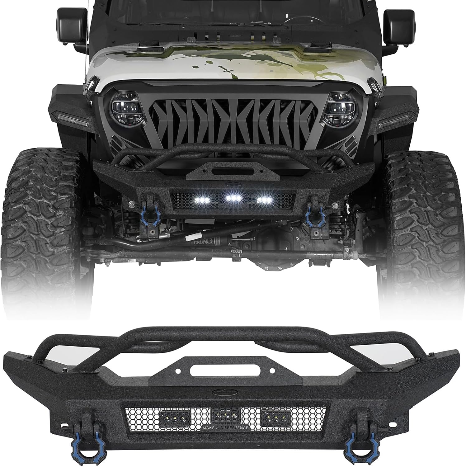 Hooke Road Stubby Front Bumper for 2018-2026 Jeep Wrangler JL & Gladiator JT 2/4 Doors, Offroad Steel Bumper with Winch Plate, Bright Lights, D-rings and Tubular Grille Guard