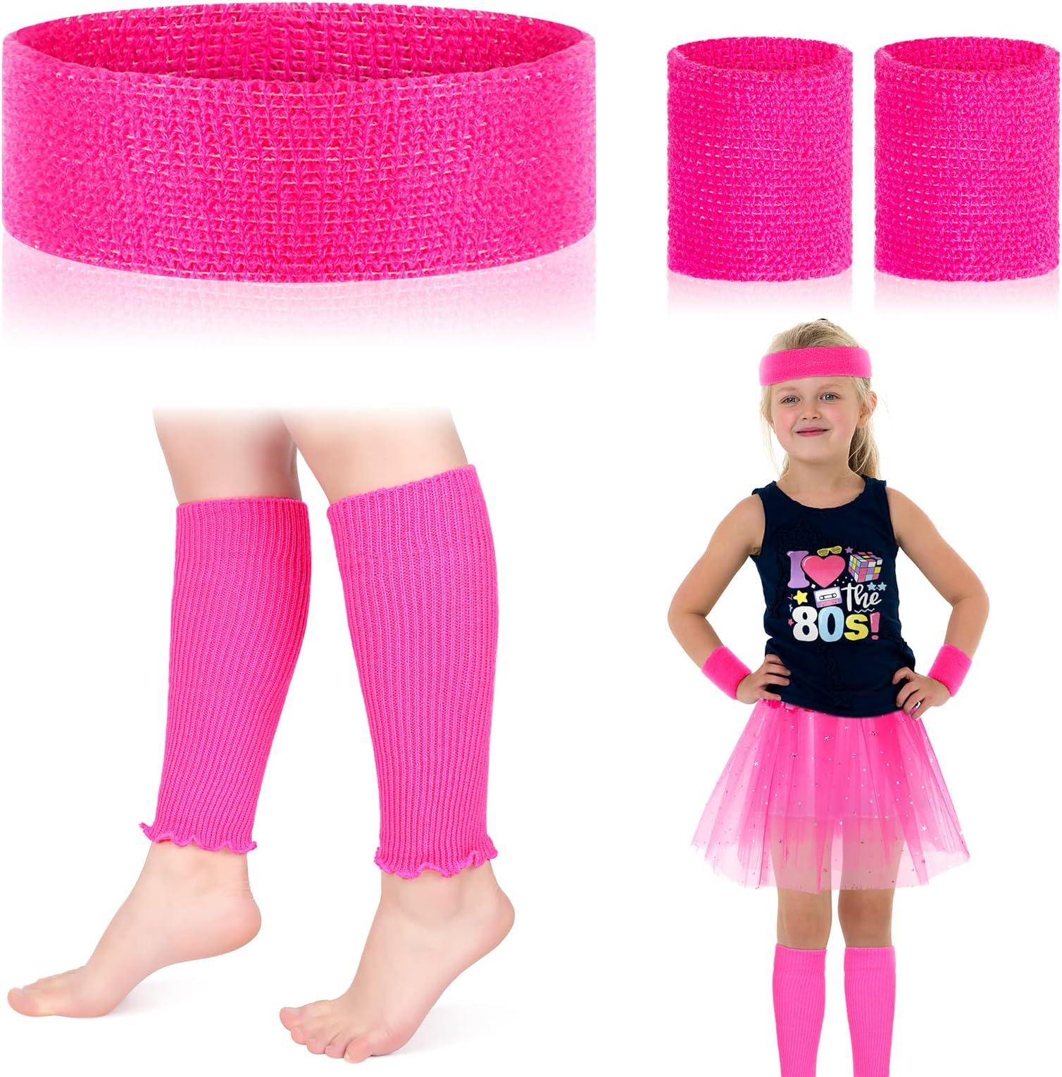 BBTO 80s Leg Warmer for Kid Toddler Girl Neon Leg Warmer Headband Wristband 1980s Fancy Accessory for Cosplay Party(Pink, Rose Red)
