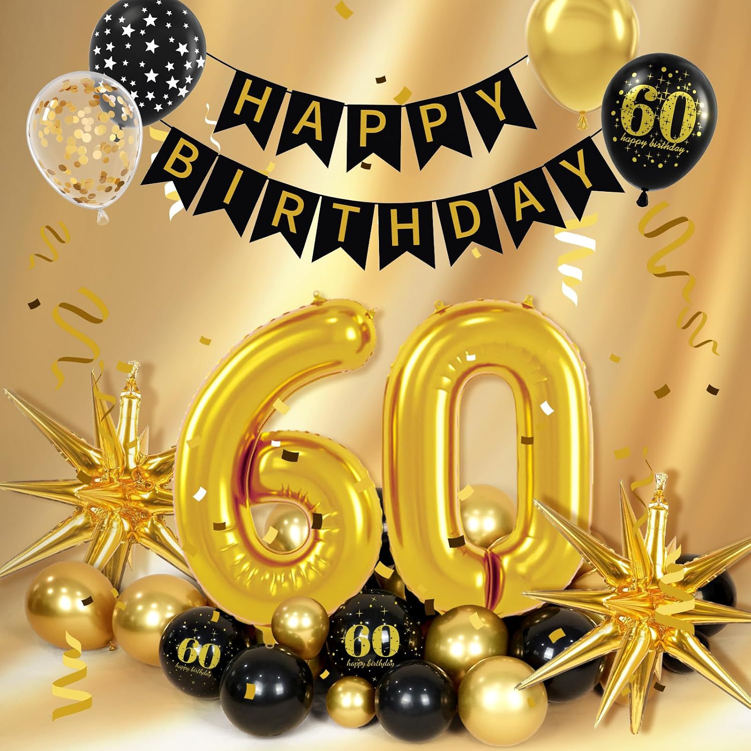 114pcs 60th Birthday Decorations for Men, 60th Birthday Decorations with 60th Birthday Banner Black Gold Confetti Birthday Balloons for 60 Year Old Birthday Decorations