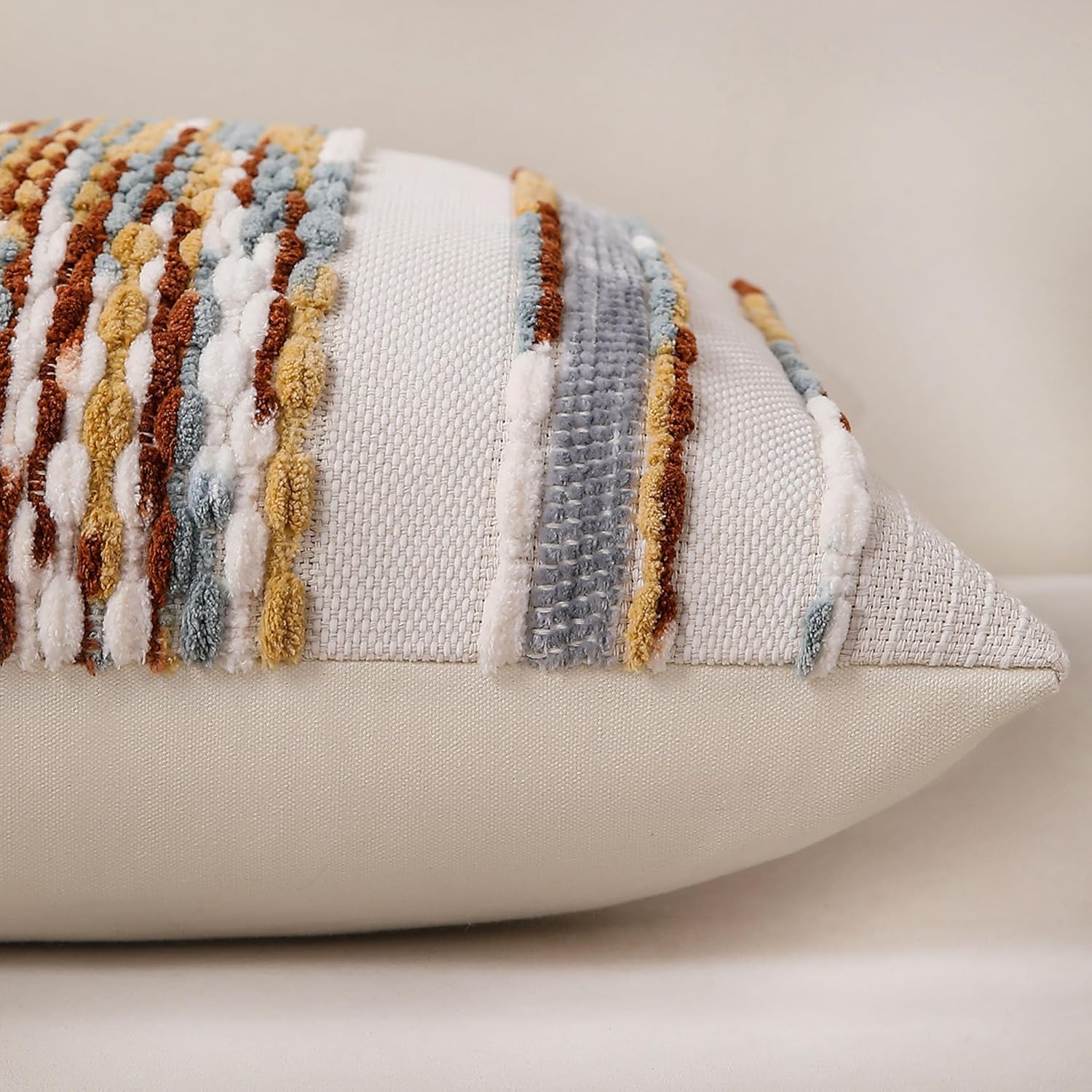 Boho Striped Throw Pillow Covers 18x18 Inch Set of 2 Farmhouse Decorative Pillow Covers Chenille Tufted Accent Neutral Pillowcase Brown White Cushion Cover for Living Room Couch Sofa Bed