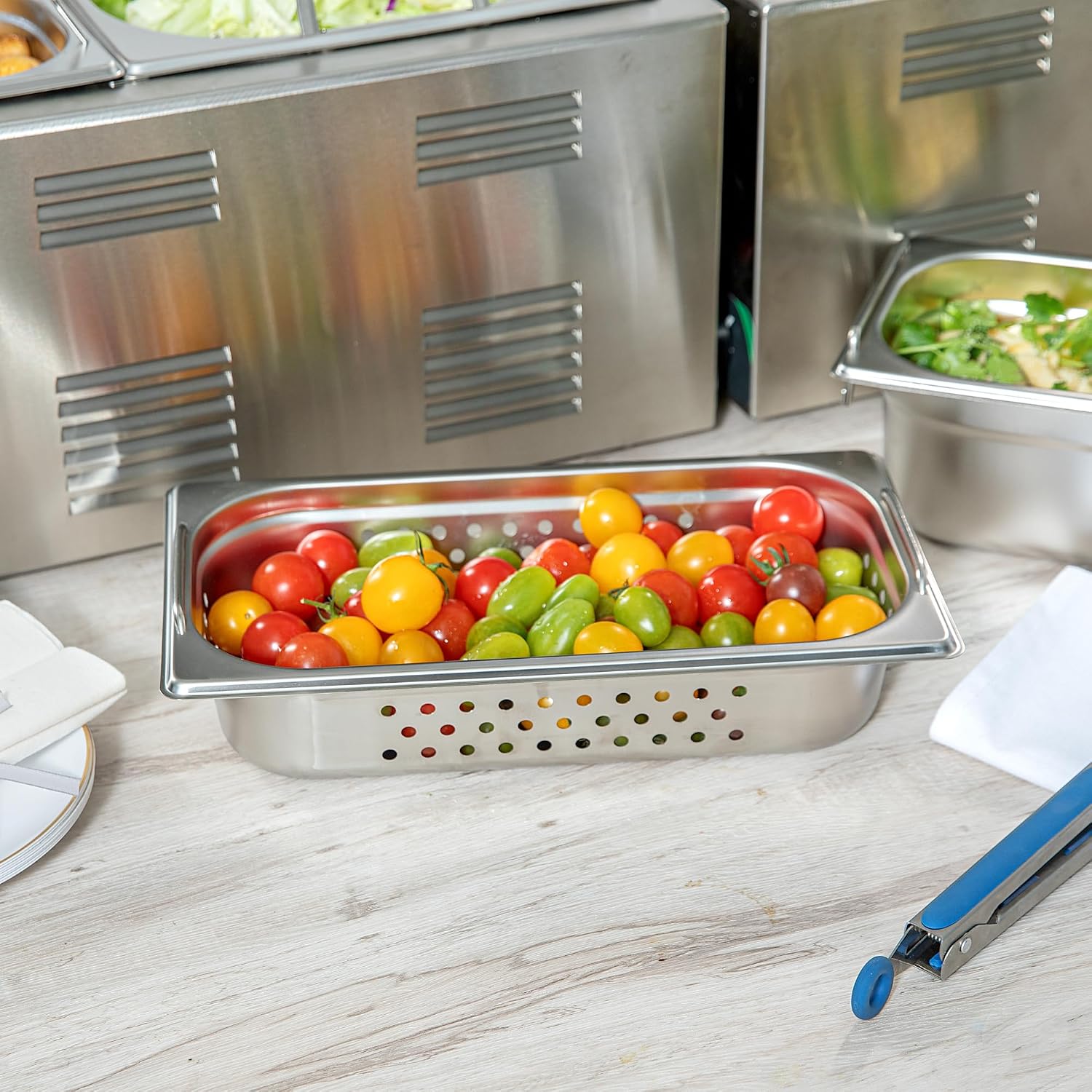 Restaurantware One Third (1/3rd) Perforated Steam Table Pan - 2.5" Deep - Collapsible Handles - Anti Jam - Commercial Grade Stainless Steel - 1ct Box - Met Lux image 4
