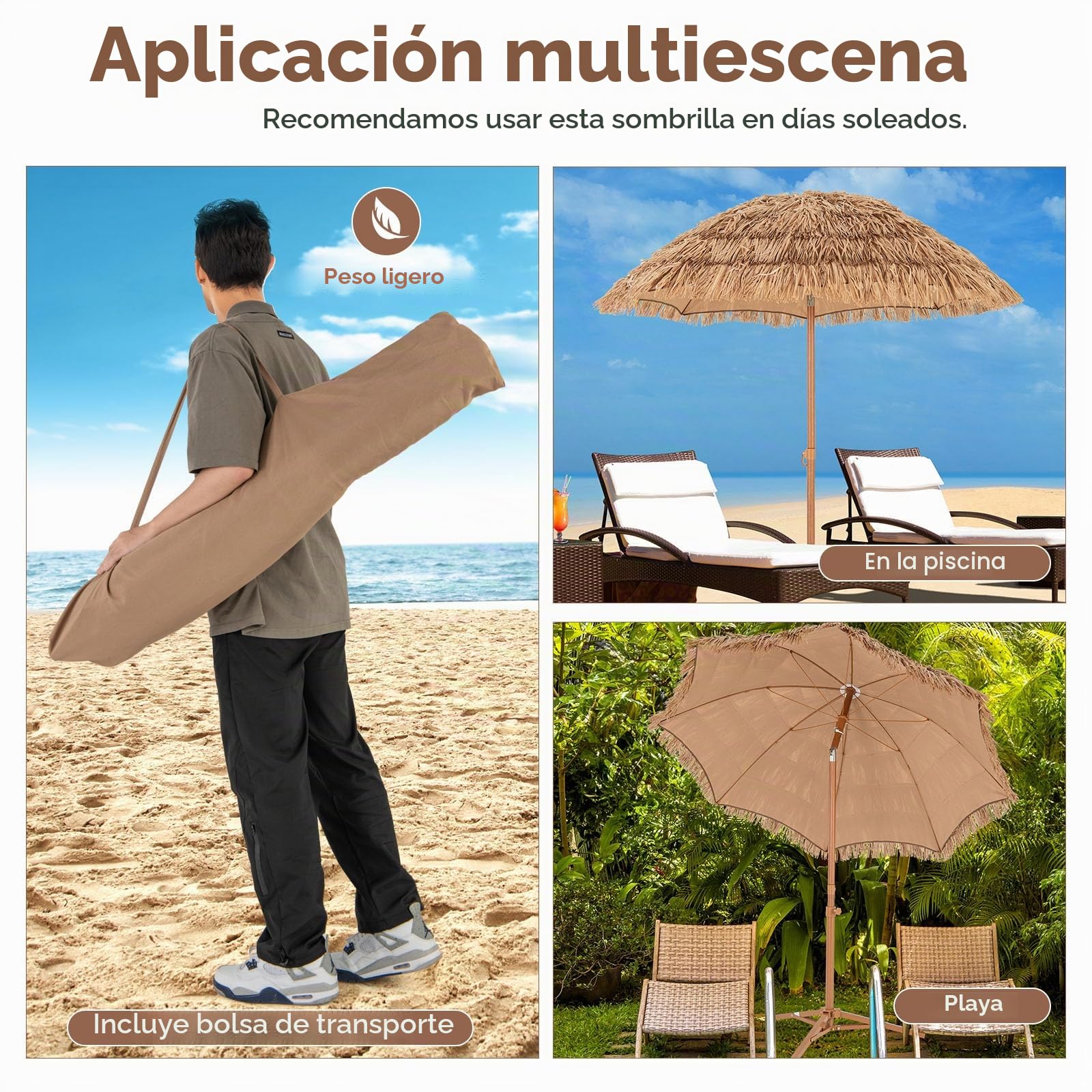 RELAX4LIFE Sombrilla hawaiana, paja, diámetro de 200 cm, sombrilla para balcón inclinable, sombrilla de jardín con soporte plegable y bolsa de transporte, sombrilla de paja, sombrilla hawaiana con