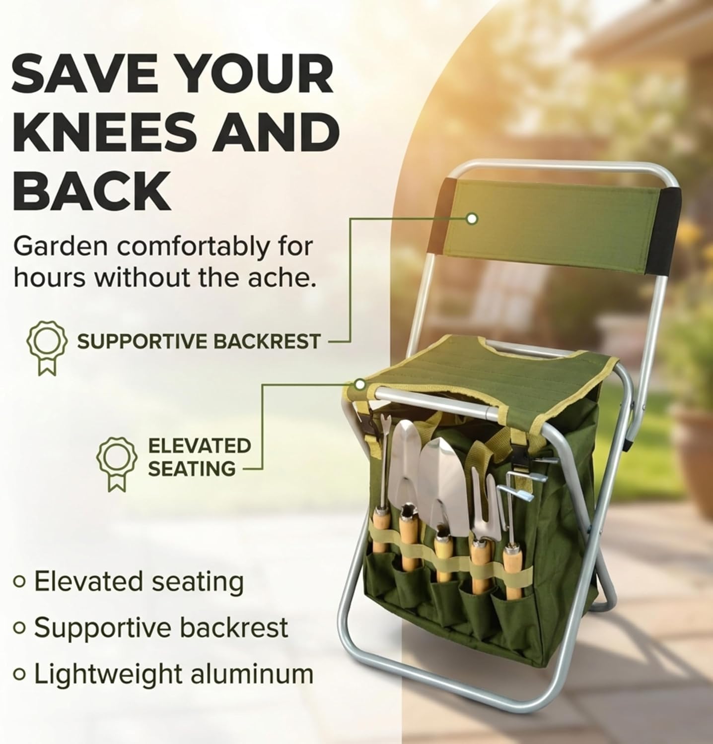 10-piece Gardening Tool Set with Zippered Detachable Tote and Folding Stool Seat with Backrest