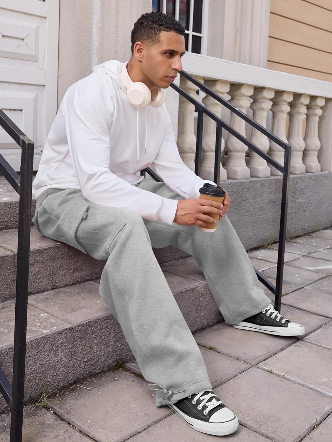 Men's Heavyweight Fleece Cargo Sweatpants Loose Fit Thick Wide Leg Sweats with Pockets - Image 5