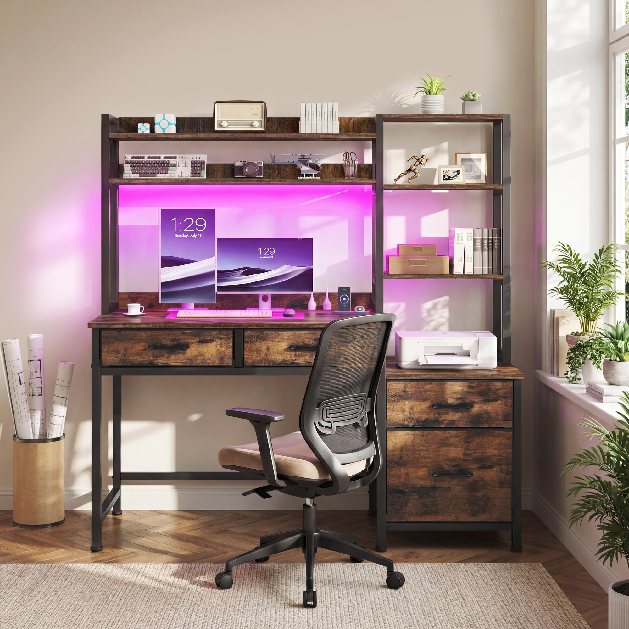 YITAHOME Computer Schreibtisch mit Schubladen, 128 x 50 x 150 cm Computertisch Aufbewahrungen & Regale, Gaming Tisch Arbeitsstationen mit LED Licht & Steckdosen, Home Office Eckschreibtisch, Braun
