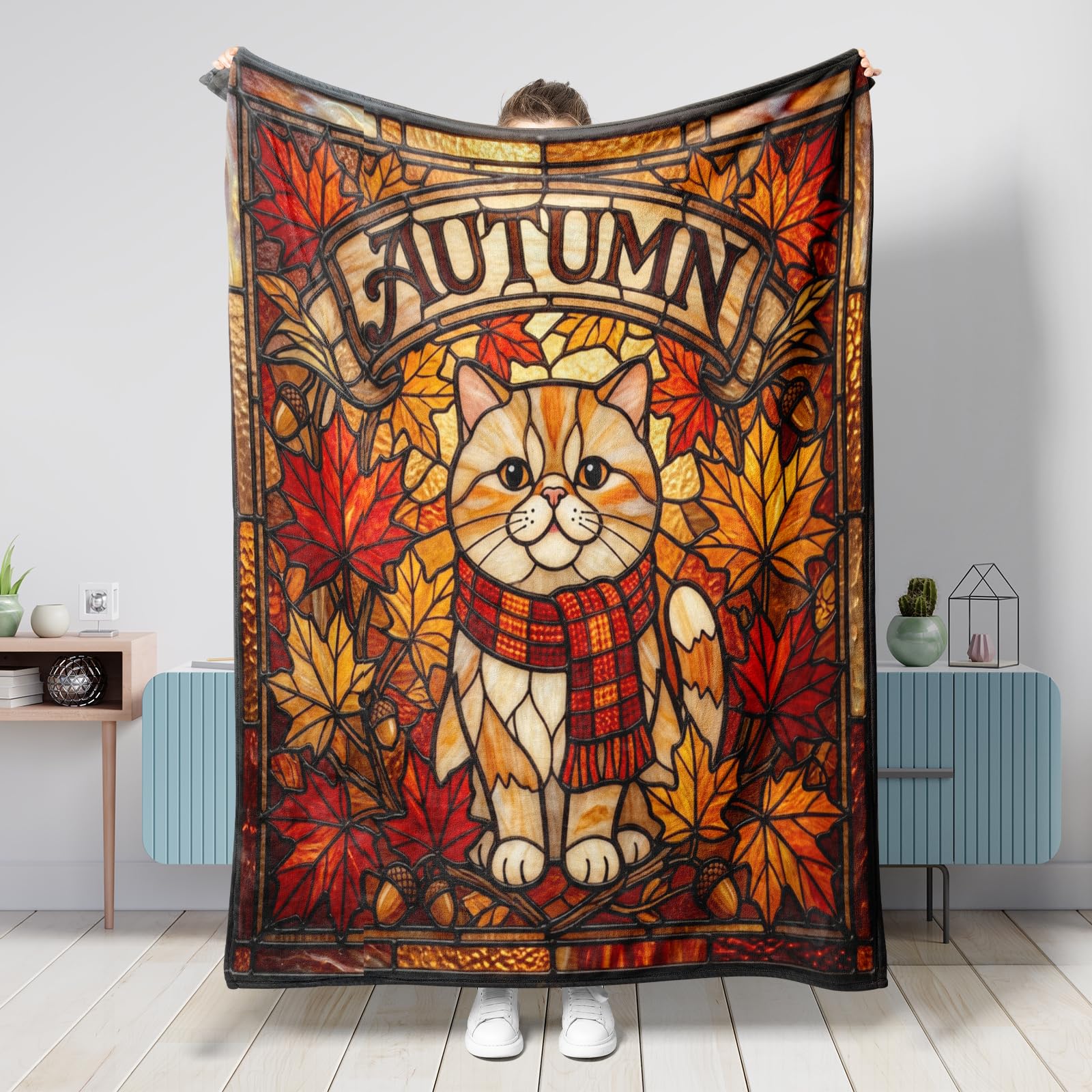 Couverture d'automne moelleuse en flanelle anti-peluche pour lit deux places