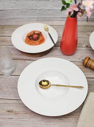 Miniatura 7 de Plato de sopa de cerámica de borde ancho, cuenco de sopa de 8 onzas, juego de 4 cuencos para pasta, platos blancos poco profundos con borde, la