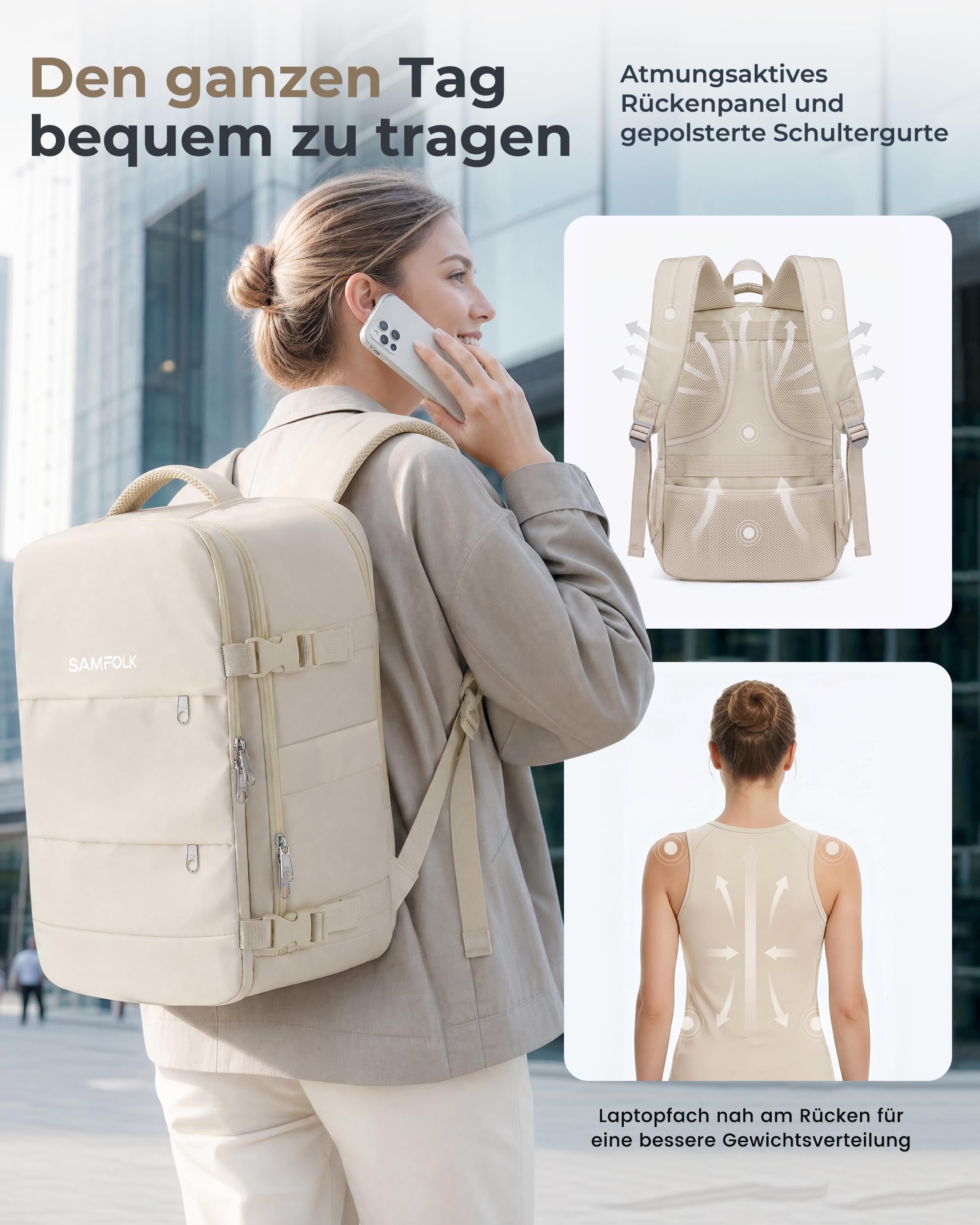 Samfolk Handgepäck Rucksack Ryanair Handgepäck 40x30x20 Travel Backpack 11 Taschen Carry On Bag Cabin Bags Mit Anti-Diebstahl-Tasche für Frauen & Männer Tragetasche Hand Luggage Backpack, 24L