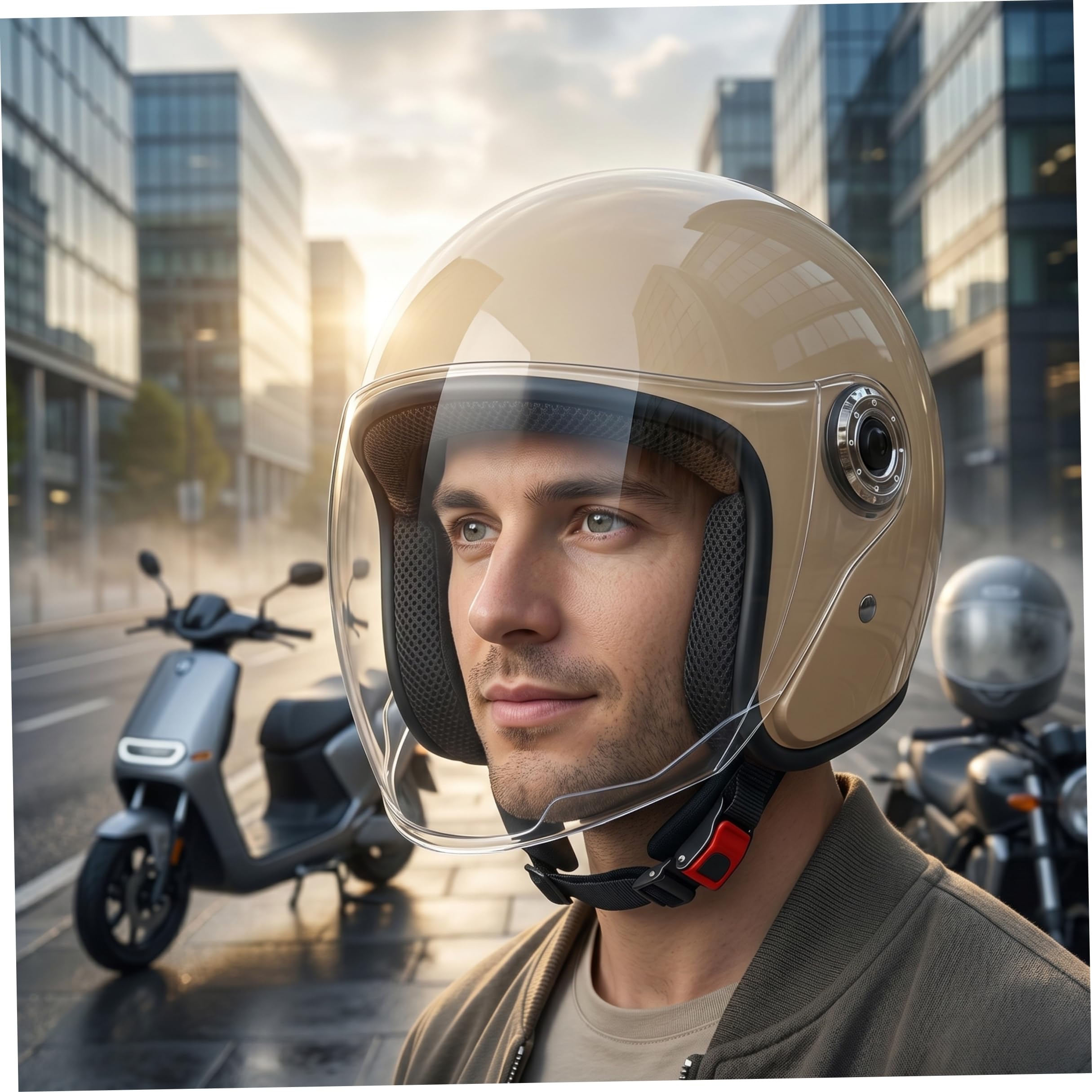 Casco Scooter para Hombre, Casco Abierto con Visera, Cascos De Protectores Multicapa para Hombres Y Mujeres, Lentes Resistentes A La Niebla, Negro.