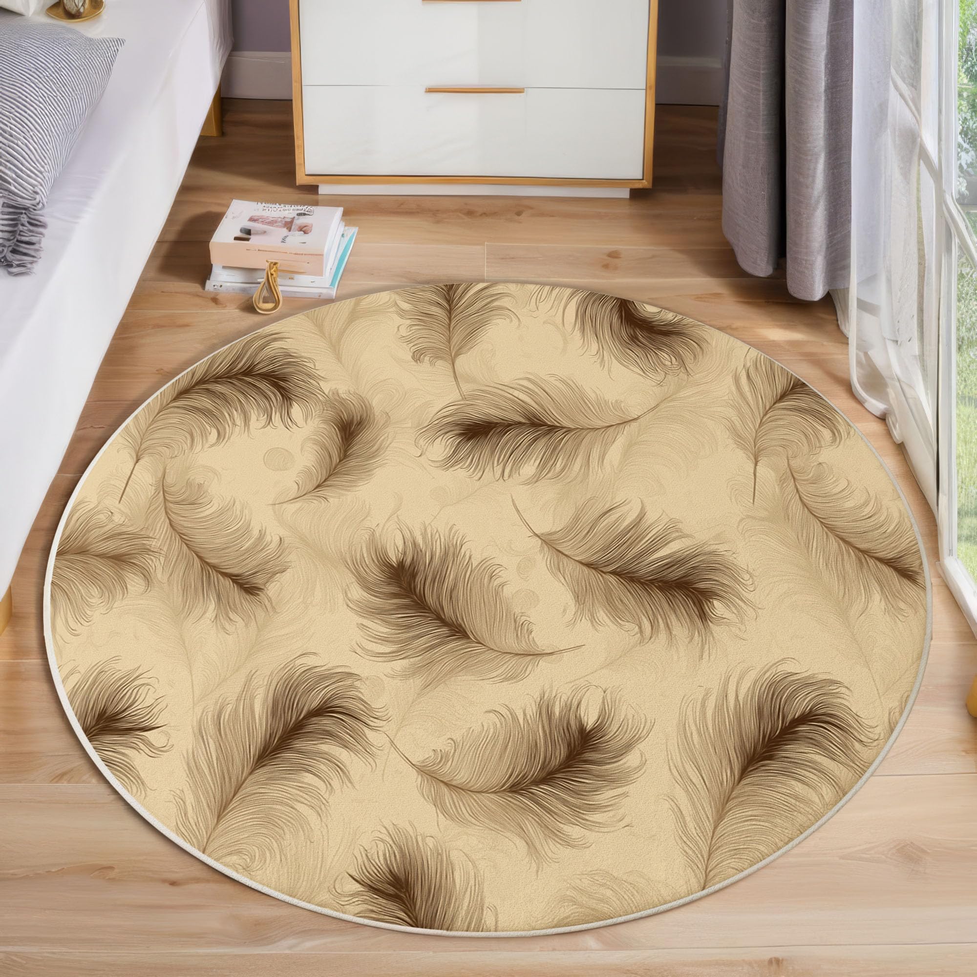 Tapis rond rétro beige marron 80cm lavable pour salon chic