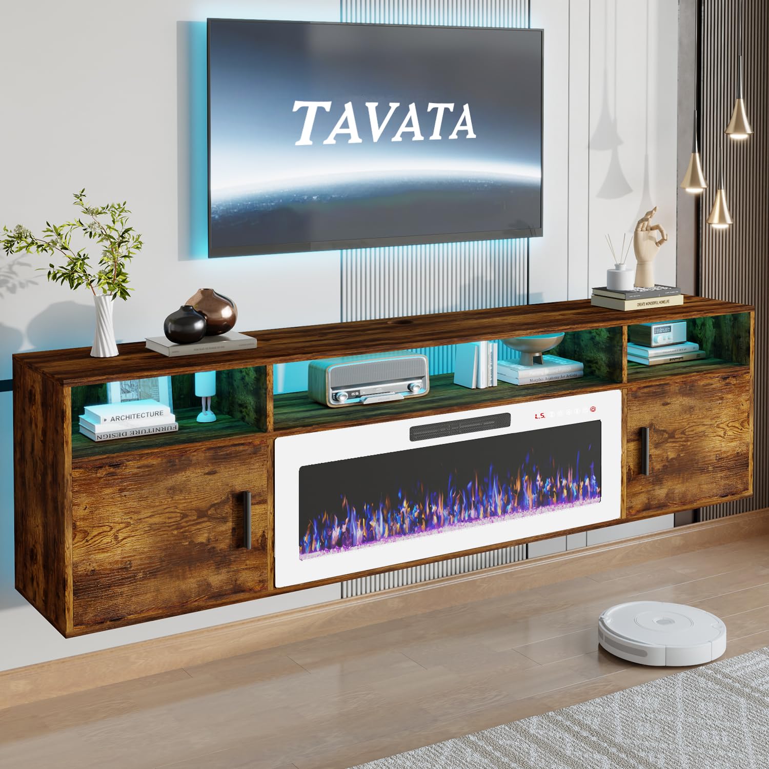 TAVATA 70" Floating TV Stand with 36" Electric Fireplace, High Gloss Finish Wall Mounted Electric Fireplace TV Stand with Storage and 16 Colors LED