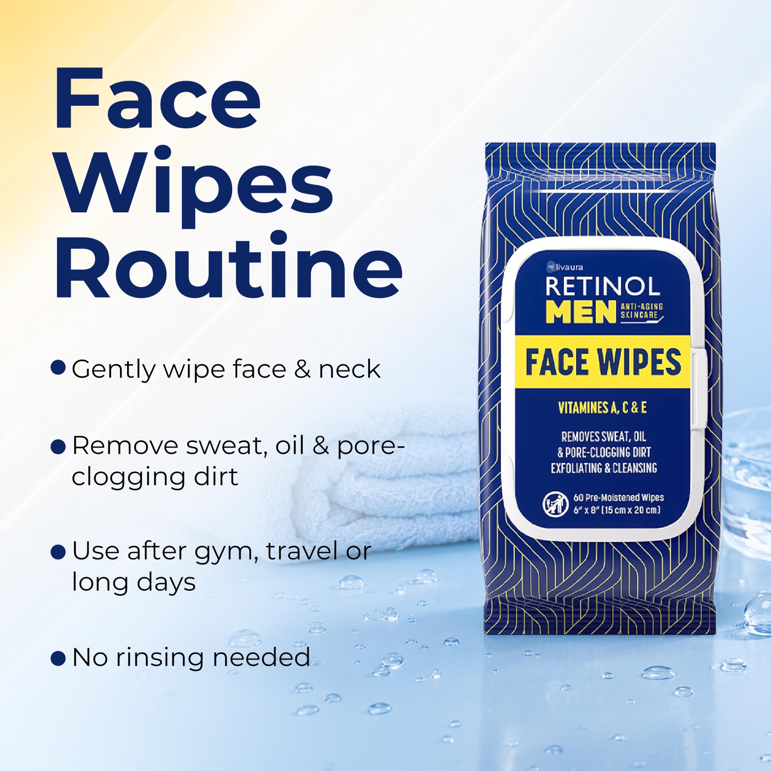 LIVAURA Retinol Men Facial Wipes Anti-Aging Cleansing Towelettes - Szybko Oczyszczają Twarz Z Potu, Oleju I Brudu Zatykającego Pory Bez Żadnych Ciężkich Pozostałości (60 Sztuk (1 Opakowanie))