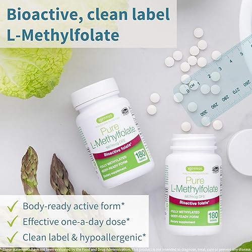 Miniatura 2 de Folato puro de 400 mcg, metilfolato optimizado, etiqueta limpia, 180 tabletas pequeñas, verificado en laboratorio, vegano e hipoalergénico,