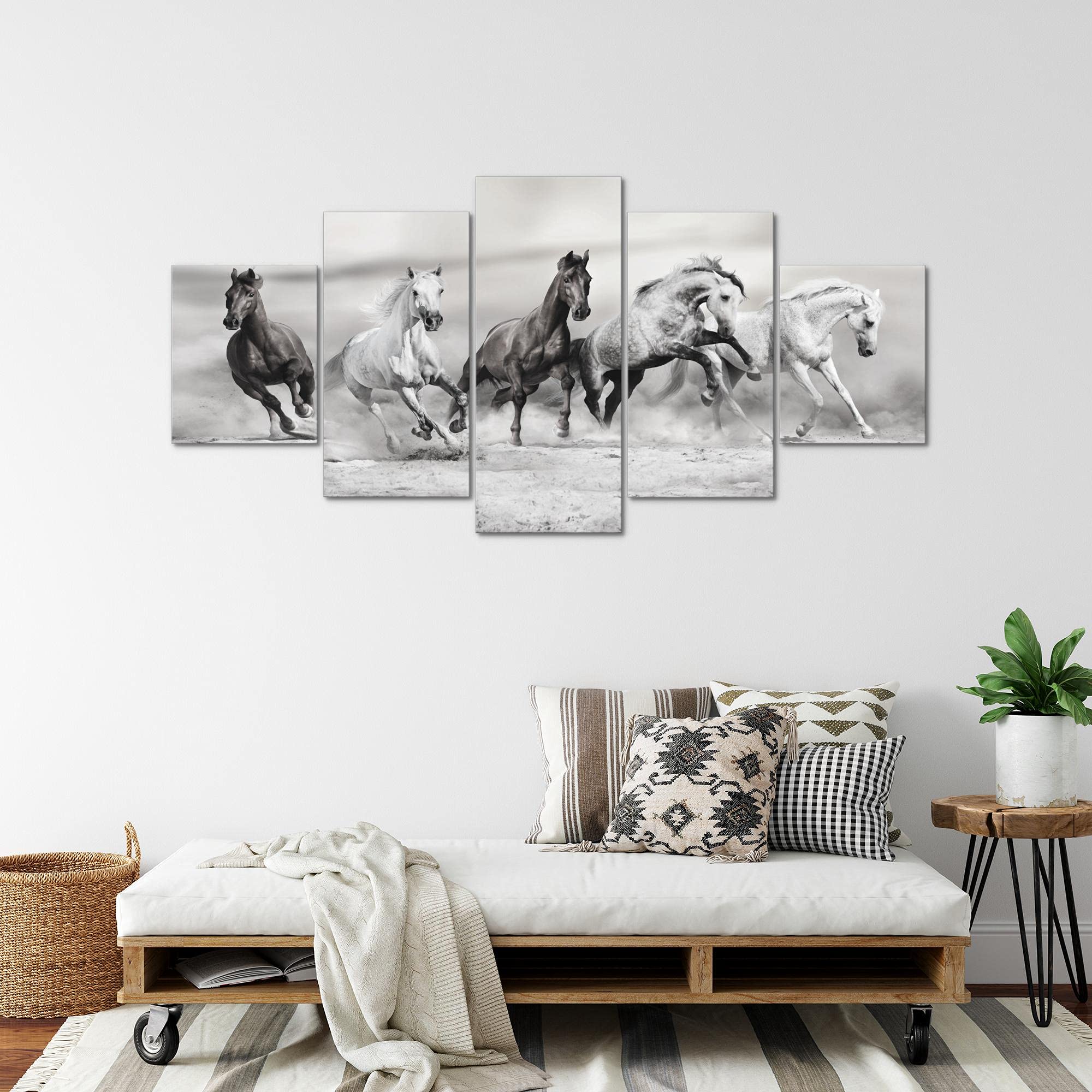 Runa Art - Quadri Cavalli 200 x 100 cm 5 Pezzi XXL Decorazione Murale Design Bianco e Nero 014151c
