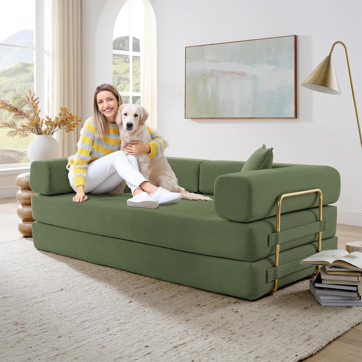 Folding Sofa Bed, Convertible Corduroy Fabric Comfy Loveseat Sleeper Bed, Modular Foam Compression Sofa Couch, Floor Lazy Chaise Lounge for Guest Room, Living Room, Studio (Green)