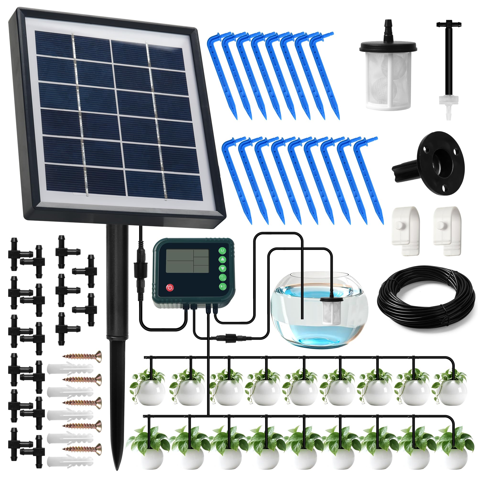 AMATHINGS Sistema di irrigazione solare BSV-IC018 completo sistema di irrigazione a goccia, sistema di irrigazione automatico da giardino, metro da 15 m, tubo per giardino, balcone, piante in vaso