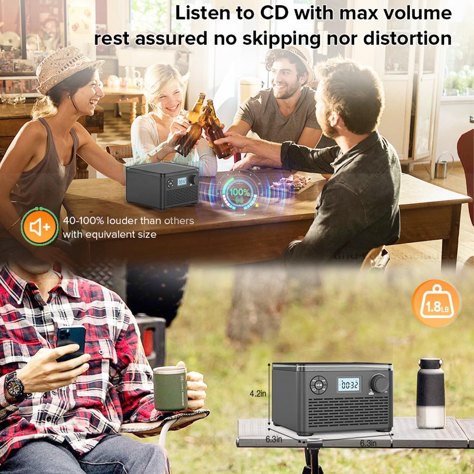 Reproductor de CD con radio FM, conectividad Bluetooth, soporte USB/TF, sonido estéreo, canal 2.0, diseño portátil, batería de 4000 mAh