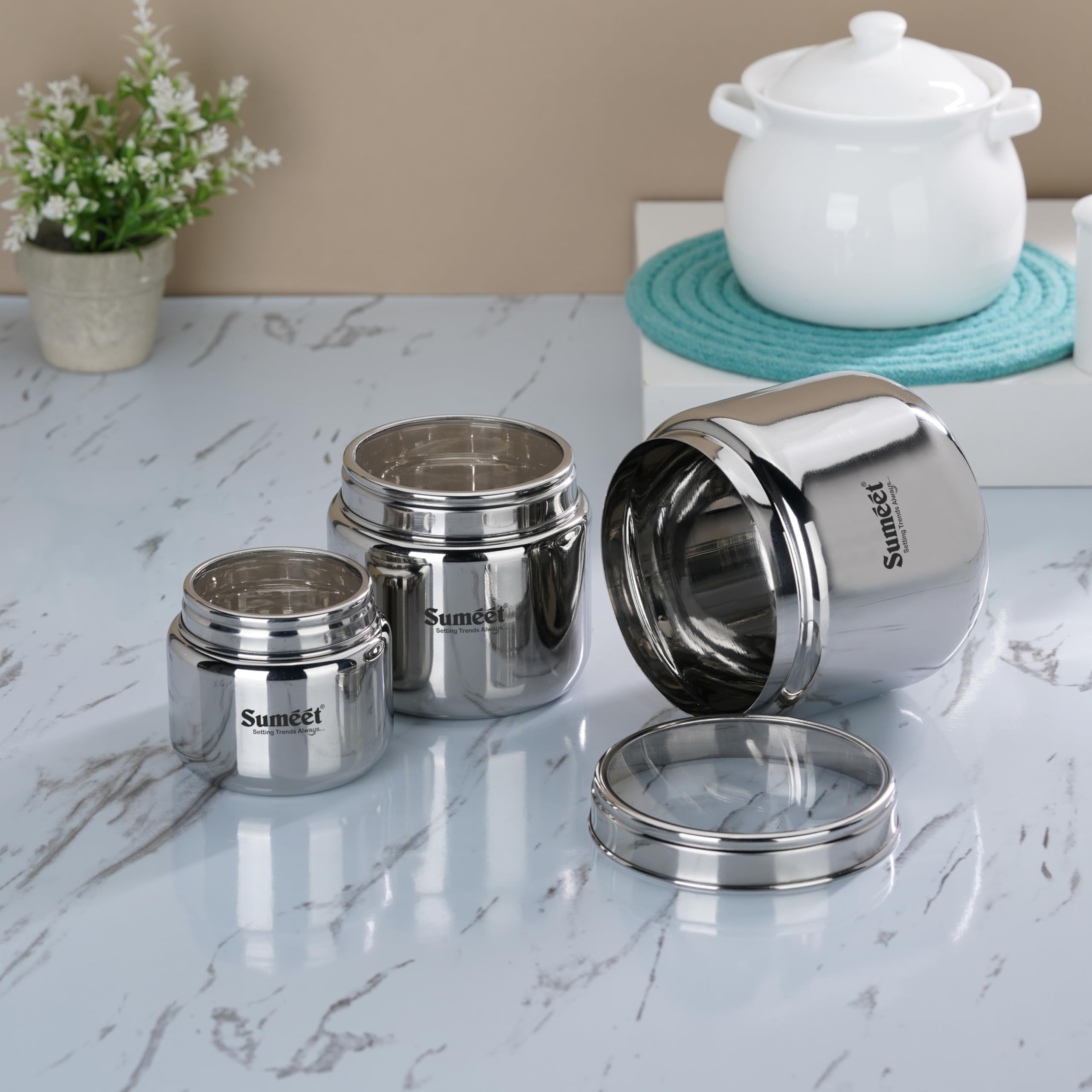 Sumeet Recipientes de acero inoxidable para cocina con tapa transparente, combo de 3 unidades (400 ml con 9 cm de diámetro, 800 ml con 11 cm de diámetro y 1450 ml con 13,5 cm de diámetro), color
