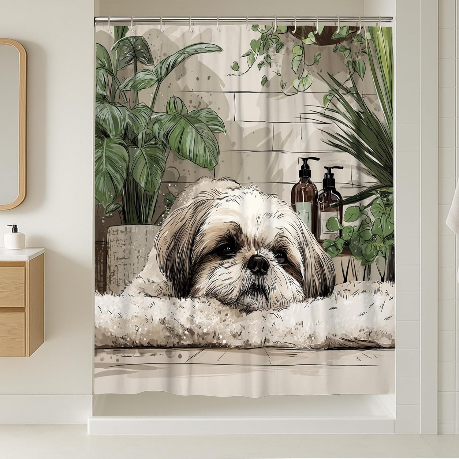 Shower Curtain Set with Shih Tzu Dog, Green and Beige Bathroom Decor Accessories, Cozy Modern Art for Animal Lovers, Cute Indoor Spring Vibe, Waterproof Fabric with Hooks 72x72 Inch