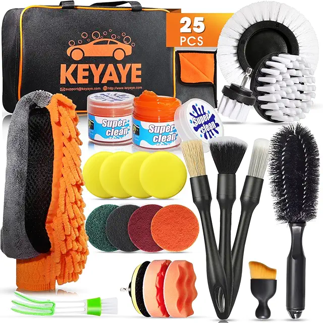 25-Piece Car Detailing Kit with Brushes, Mitt, Cloth & Bag