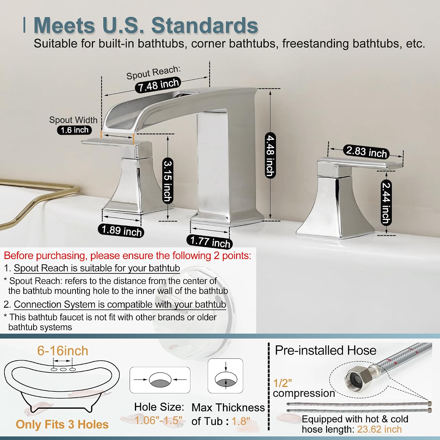 Brass Roman Tub Faucets, High Flow Waterfall Deck Mount Bathtub Faucet Set, Widespread 3 Hole with Dual Handles & Pre-Installed Hose, Modern Style Suit Soaking Tub, Chrome image 5