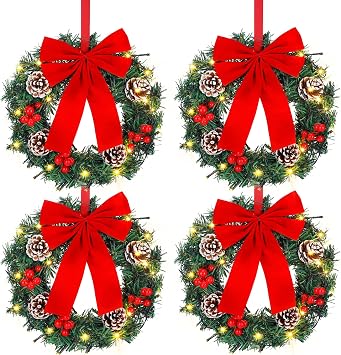 Cindeer 4 Pcs Lighted Christmas Wreath 12" Pre Lit Small XmasWreath, Red